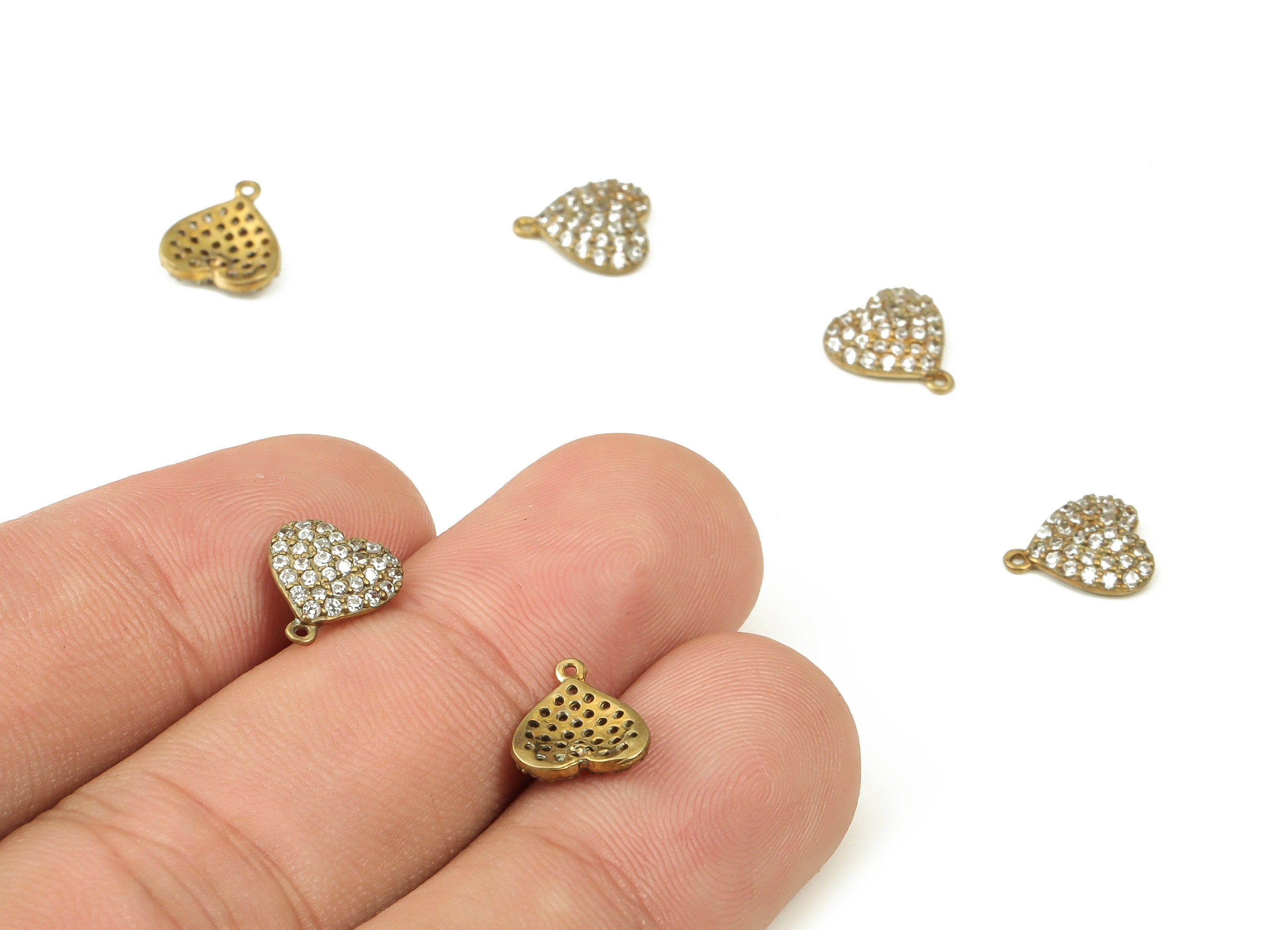 Brass Heart Earring Charms with Zircon - Raw Brass Heart Pendant - Earrings Finding - Jewelry Making Supplies - 9.2x8.5x2mm - PP4435 - DOMEDBAZAAR