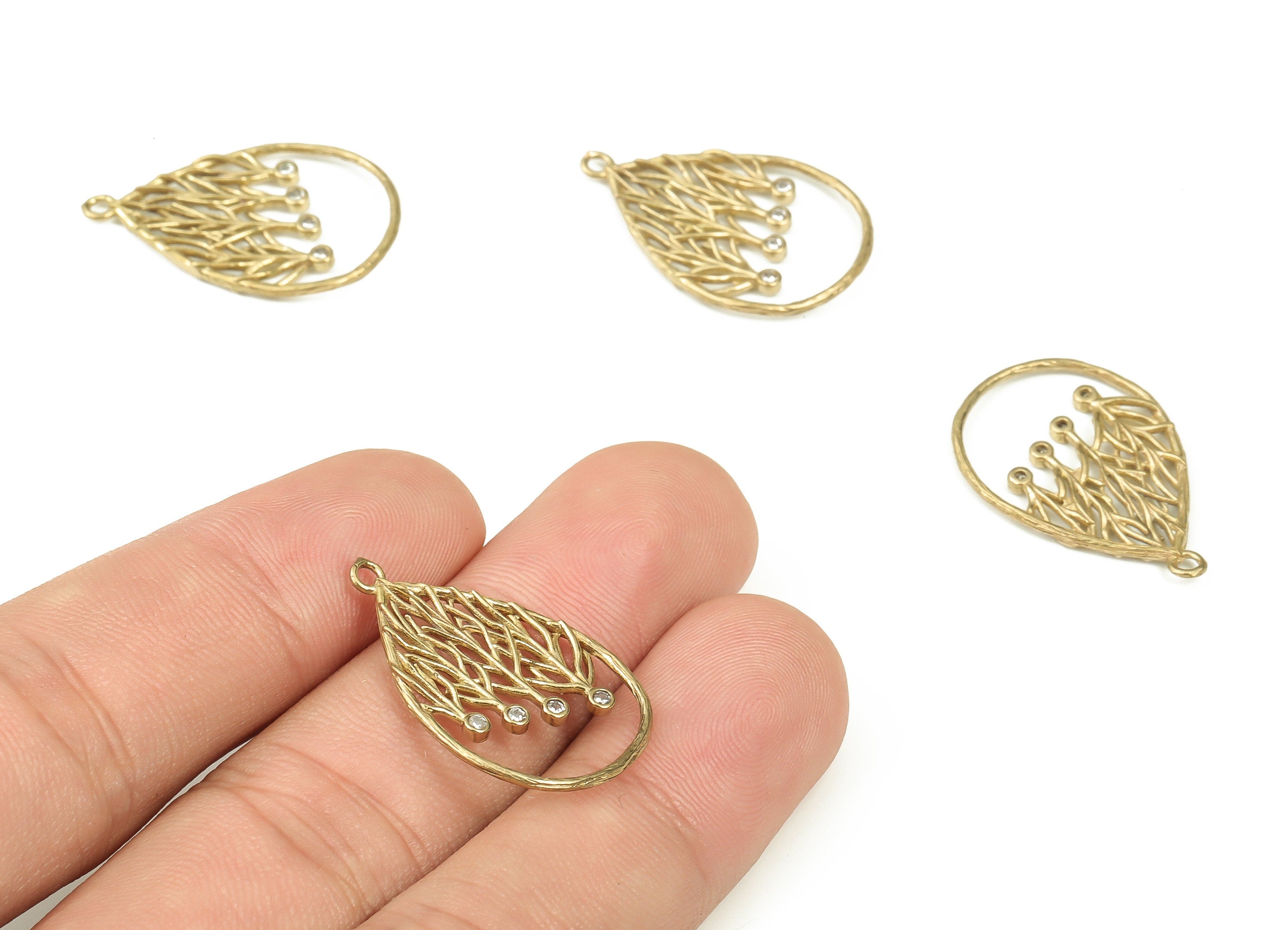 Brass Drop Earring Charms with Zircons - Raw Brass Branches Pendant - Earrings Finding - Jewelry Making Supplies - 27.14x17.7x1.8mm - PP4484 - DOMEDBAZAAR