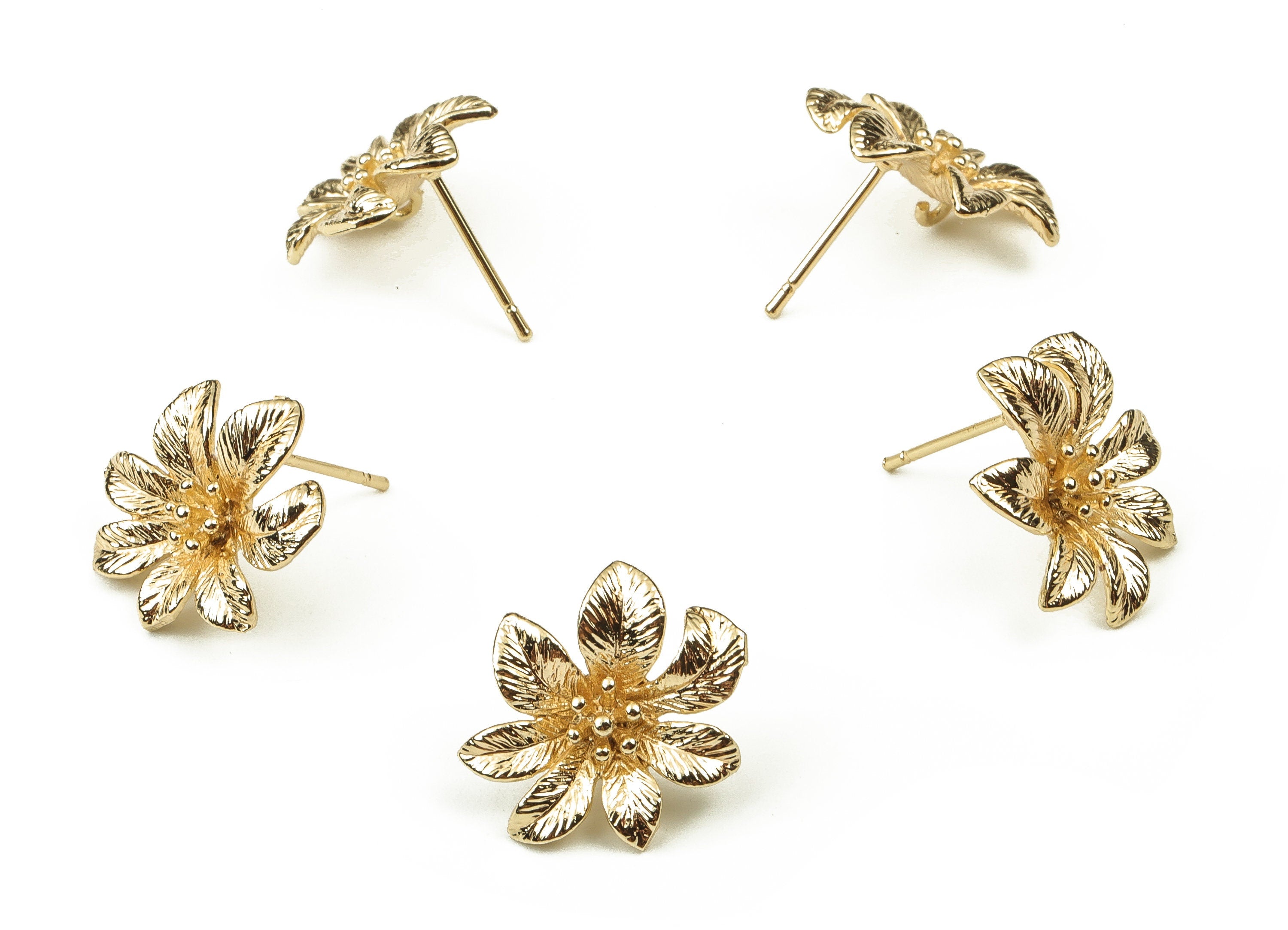 Brass Flower Earring Post - Gold Flower Earring Stud - 18K Real Gold Plated Brass - Stainless Steel Stud - 16.92x15.39x3.86mm - RGP3844 - DOMEDBAZAAR