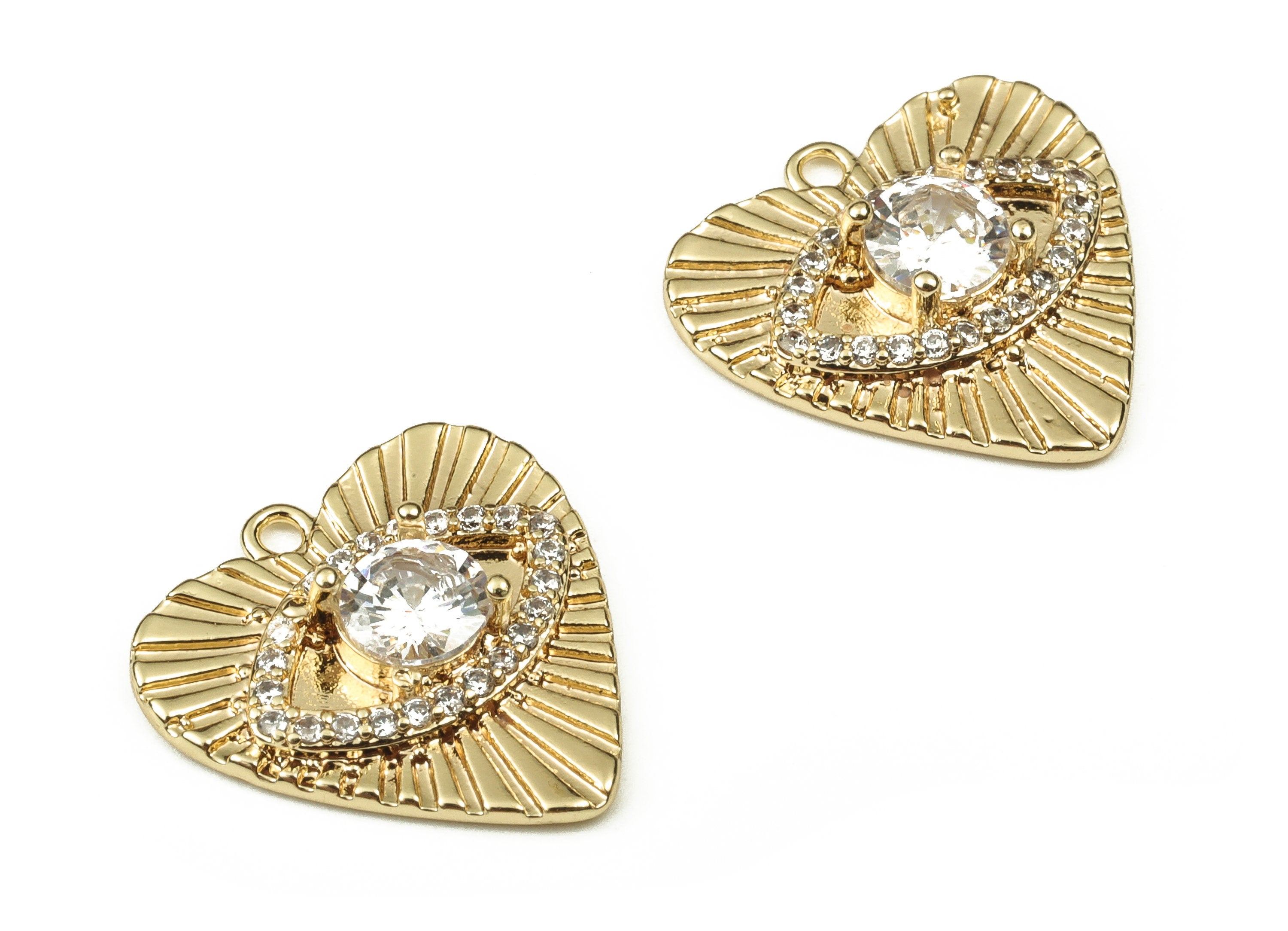 Brass Heart Earring Charms With Zircons - Gold Eye Pendant - 18K Real Gold Plated Brass - Jewelry Making Supplies - 16.06x16x3.5mm - RGP3413 - DOMEDBAZAAR