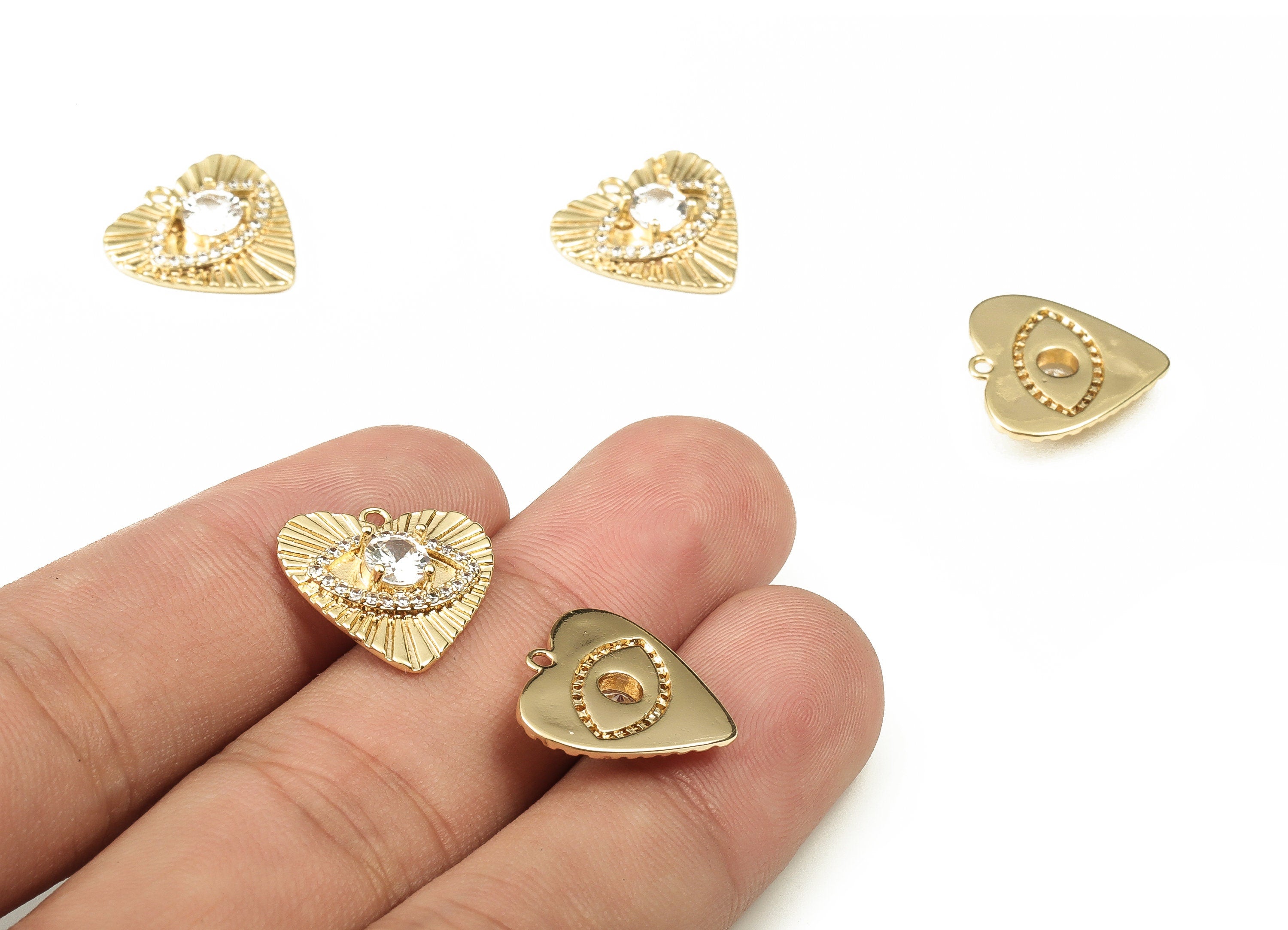 Brass Heart Earring Charms With Zircons - Gold Eye Pendant - 18K Real Gold Plated Brass - Jewelry Making Supplies - 16.06x16x3.5mm - RGP3413 - DOMEDBAZAAR