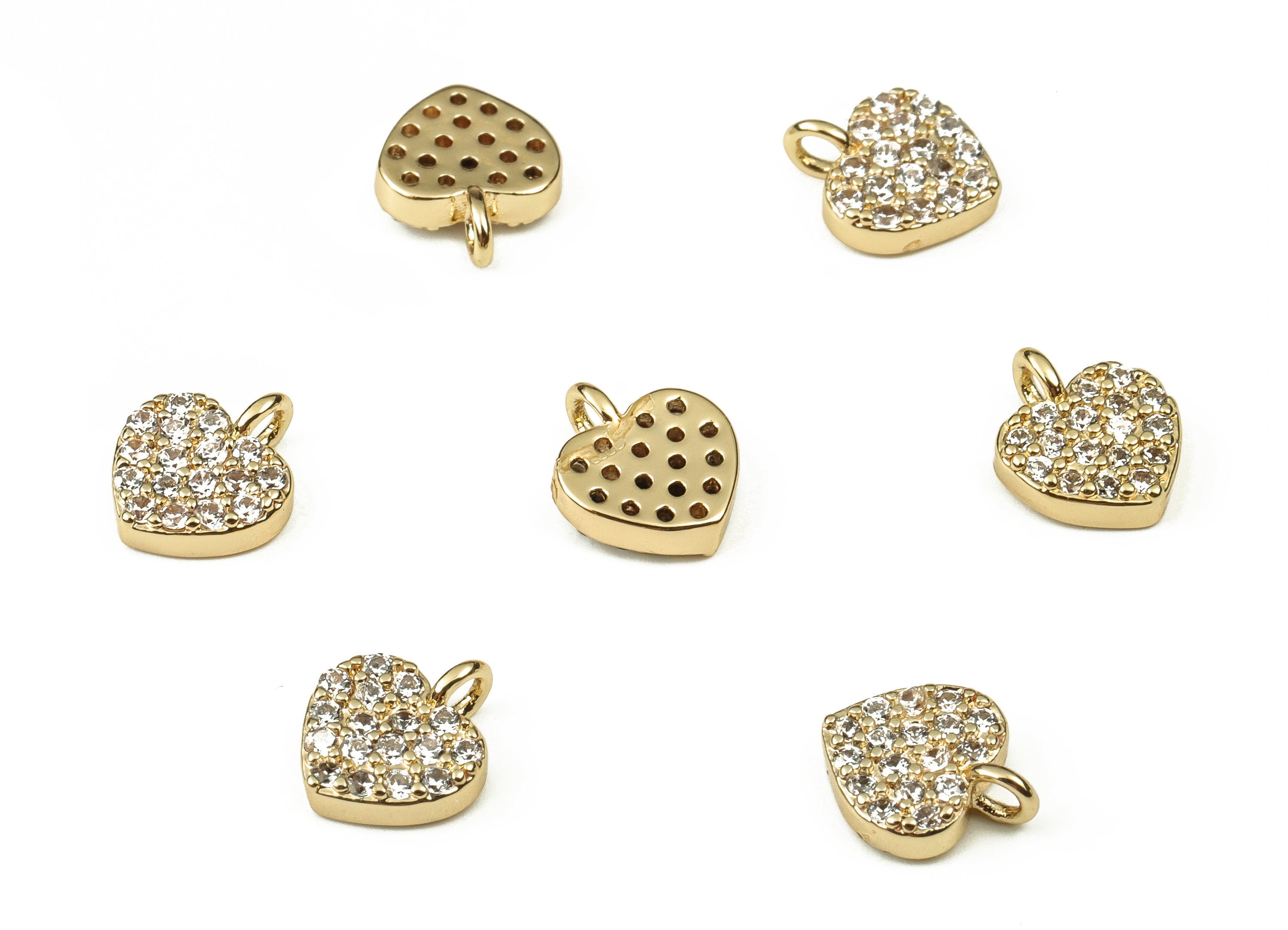 Brass Heart Earring Charms With Zircons - Gold Heart Pendant - 18K Real Gold Plated Brass - Jewelry Supplies - 8.62x7.24x2.01mm - RGP3853 - DOMEDBAZAAR