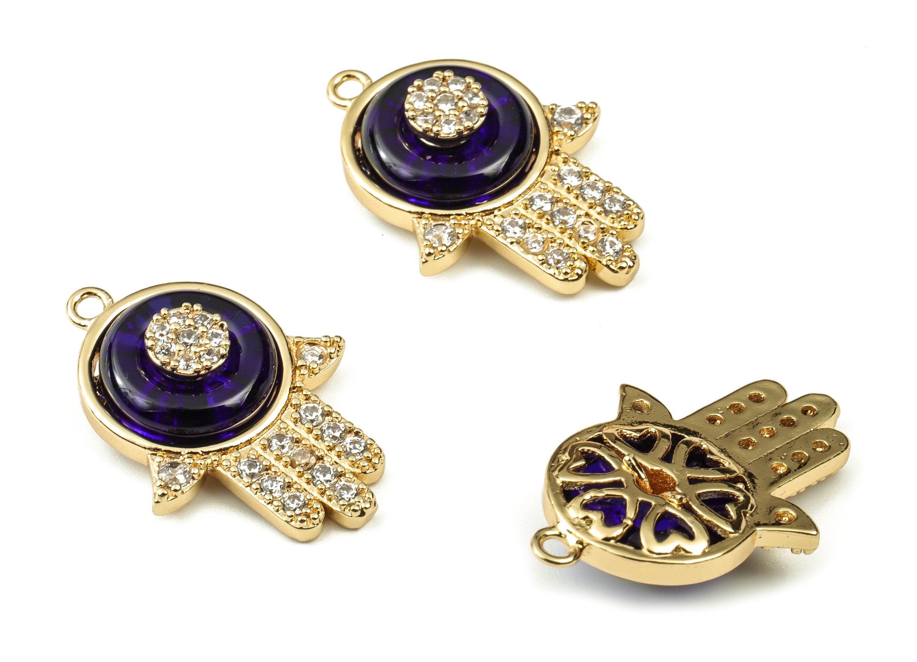 Brass Hamsa Hand Earring Charms – Zircon Evil Eye Hand Pendant - 18K Real Gold Plated Brass - Jewelry Supplies - 22.6x15.75x5.85mm - RGP3405 - DOMEDBAZAAR