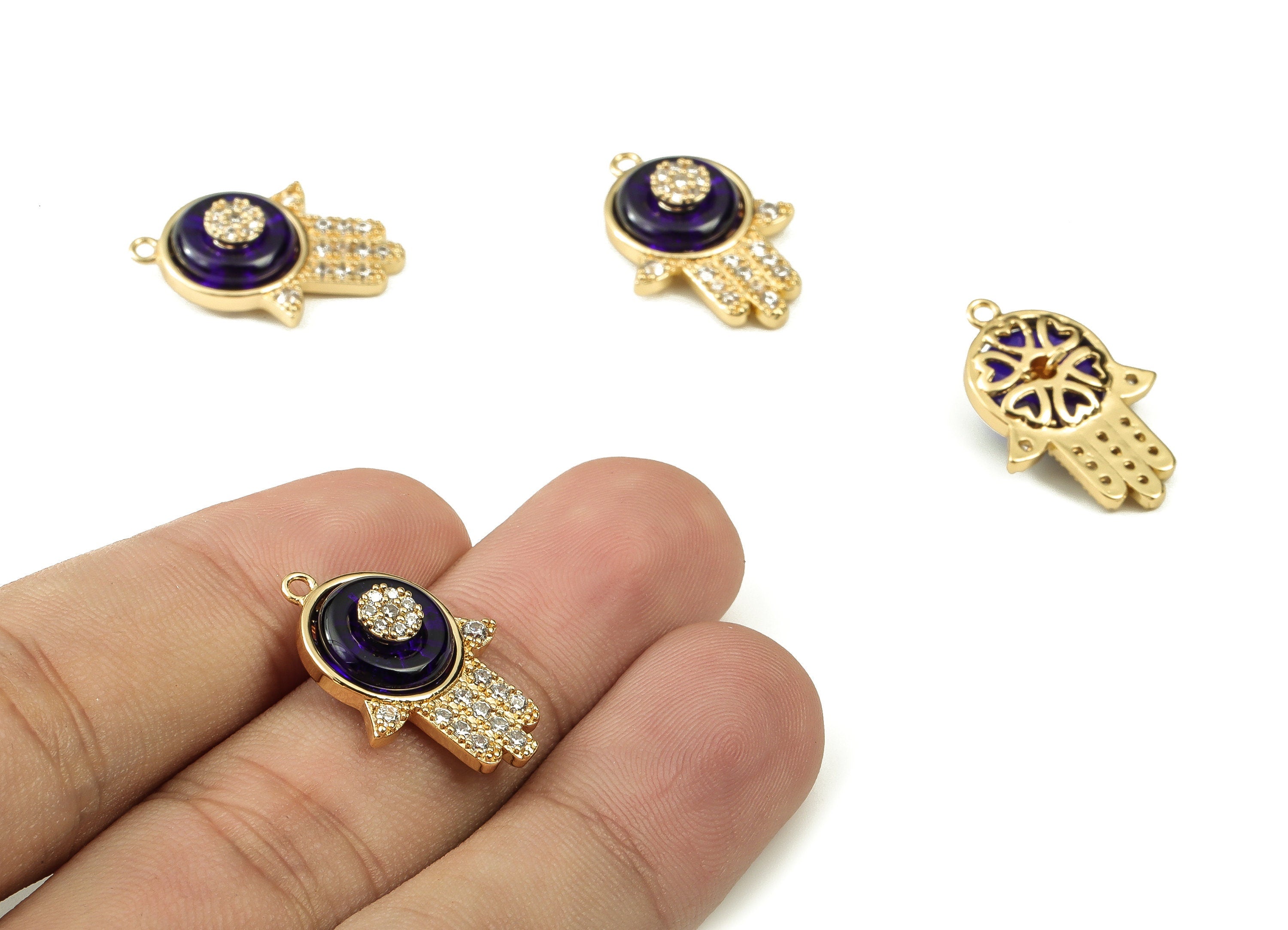 Brass Hamsa Hand Earring Charms – Zircon Evil Eye Hand Pendant - 18K Real Gold Plated Brass - Jewelry Supplies - 22.6x15.75x5.85mm - RGP3405 - DOMEDBAZAAR