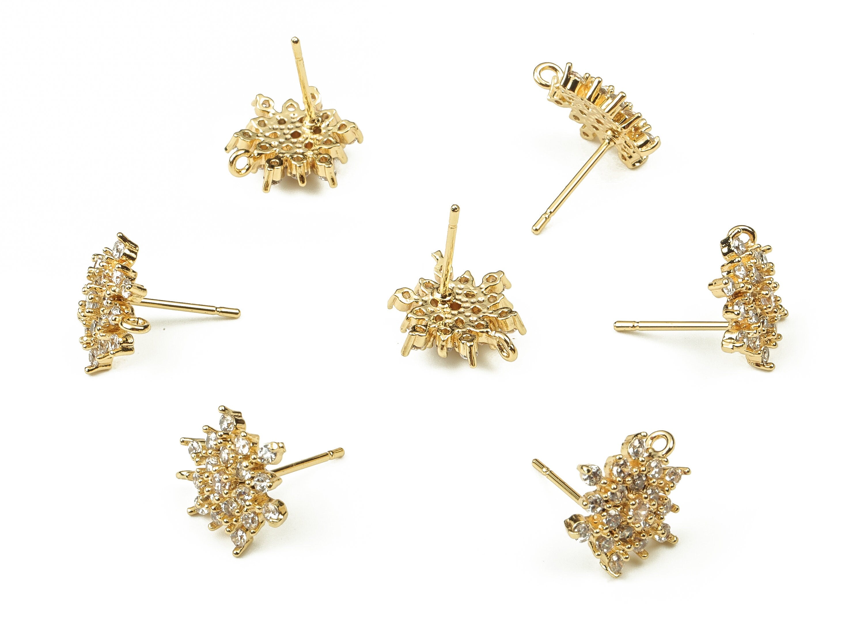 Brass Flower Earring Stud With Zircons - Gold Flower Post - Stainless Steel Stud - 18K Real Gold Plated Brass – 12.37x12.21x3.08mm - RGP3761 - DOMEDBAZAAR