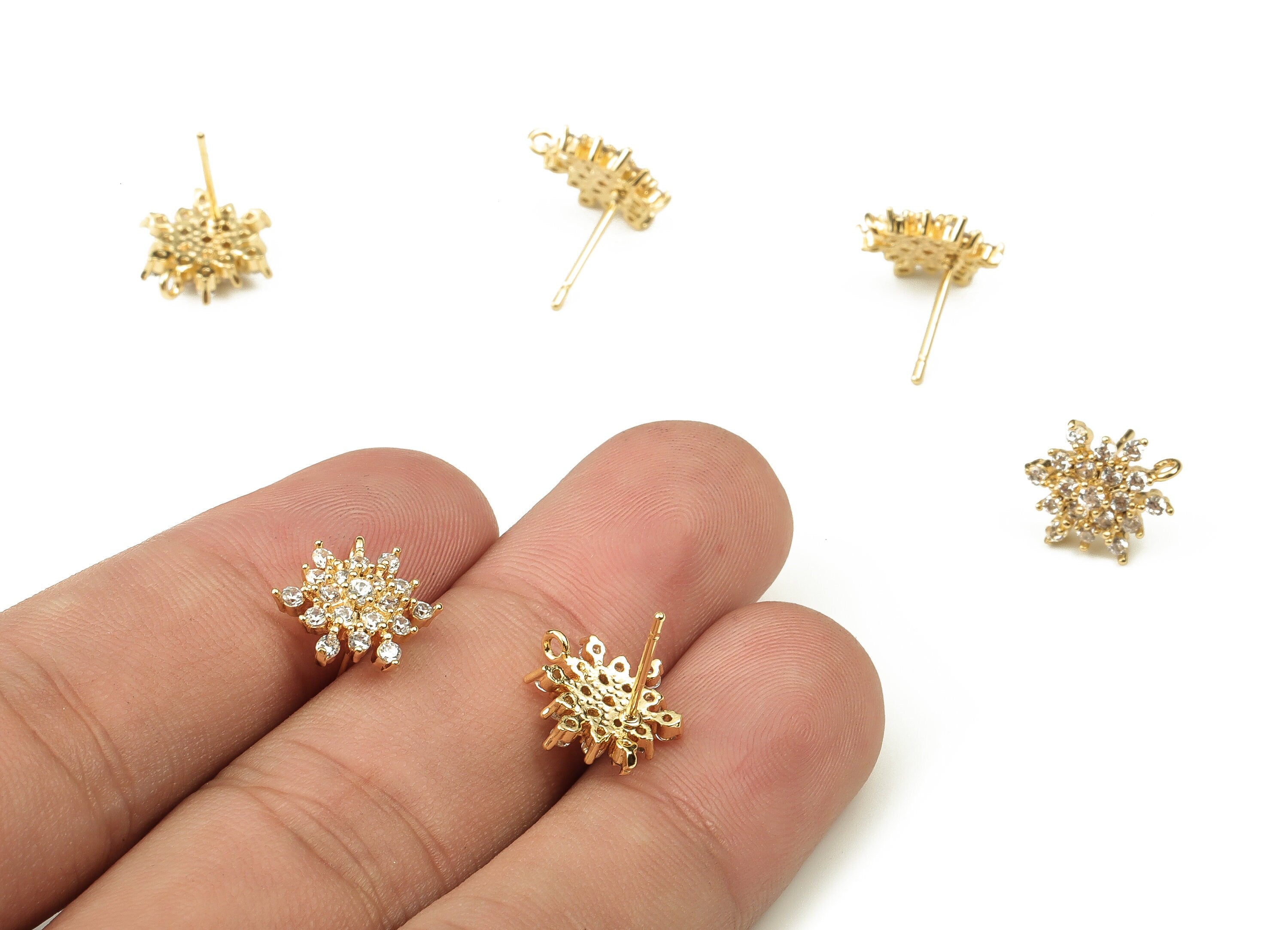 Brass Flower Earring Stud With Zircons - Gold Flower Post - Stainless Steel Stud - 18K Real Gold Plated Brass – 12.37x12.21x3.08mm - RGP3761 - DOMEDBAZAAR