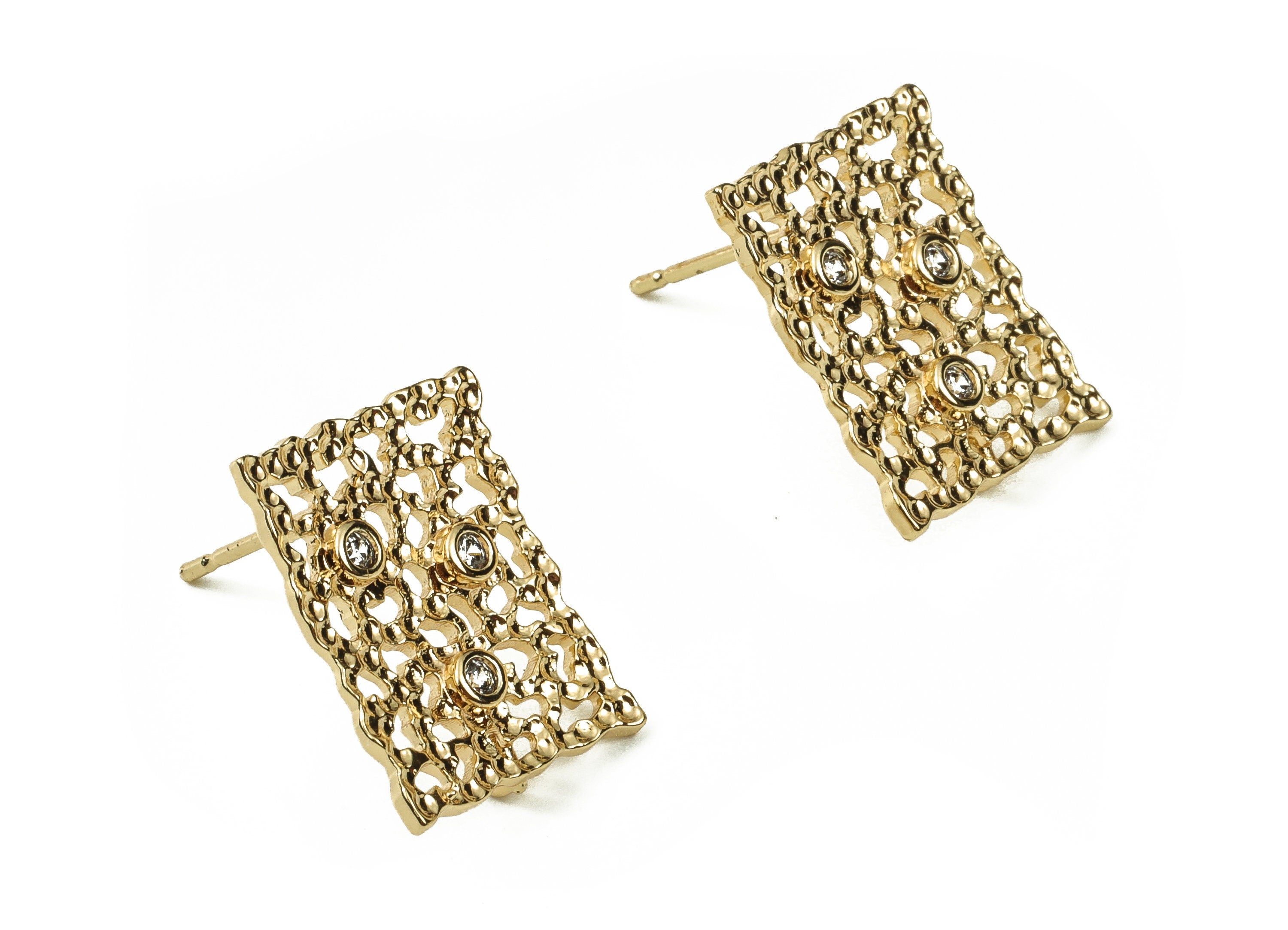 Brass Square Earring Stud With Zircons - Gold Square Post - Stainless Steel Stud - 18K Real Gold Plated Brass – 17.47x14.23x2mm - RGP3765 - DOMEDBAZAAR