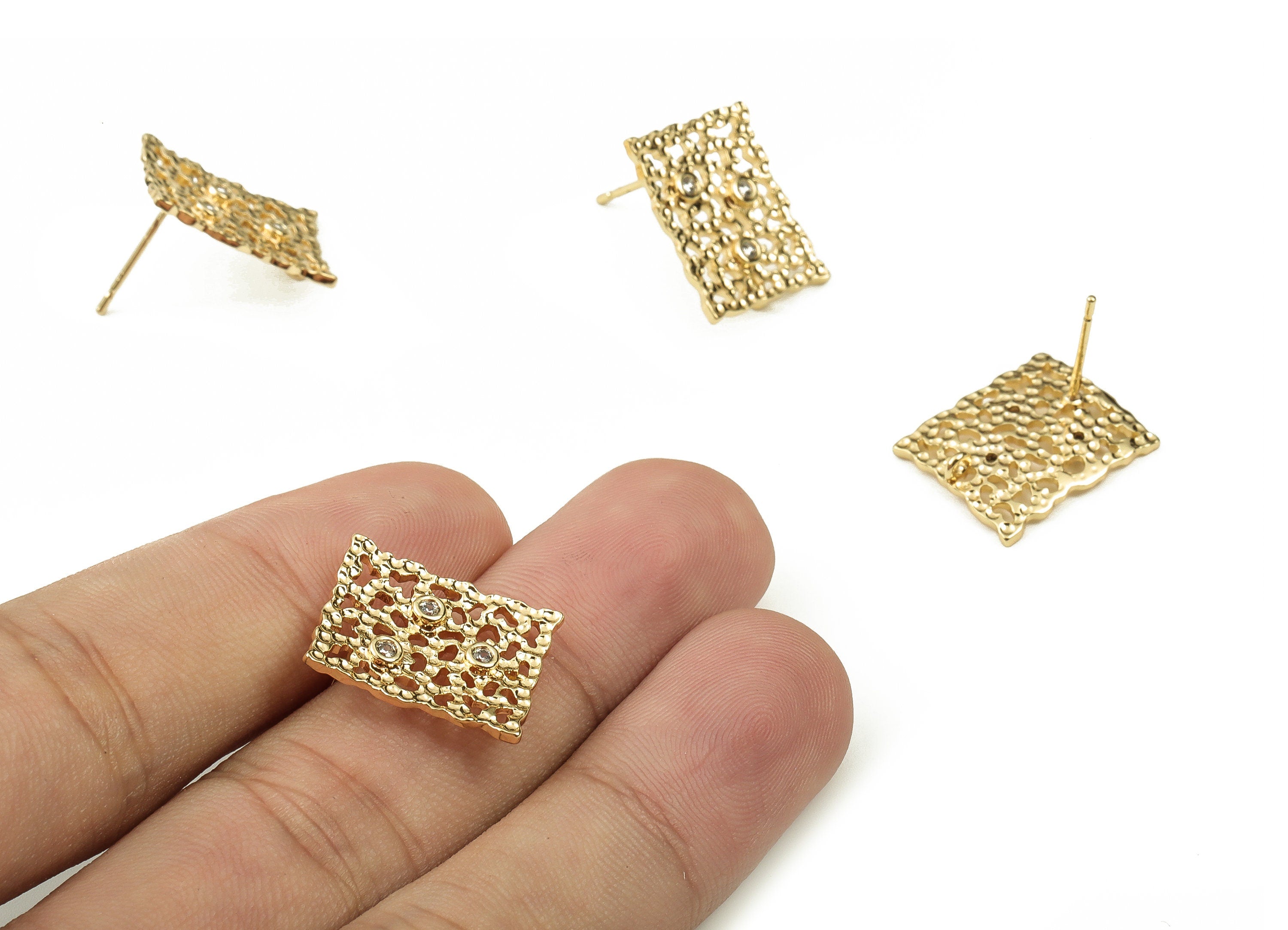 Brass Square Earring Stud With Zircons - Gold Square Post - Stainless Steel Stud - 18K Real Gold Plated Brass – 17.47x14.23x2mm - RGP3765 - DOMEDBAZAAR