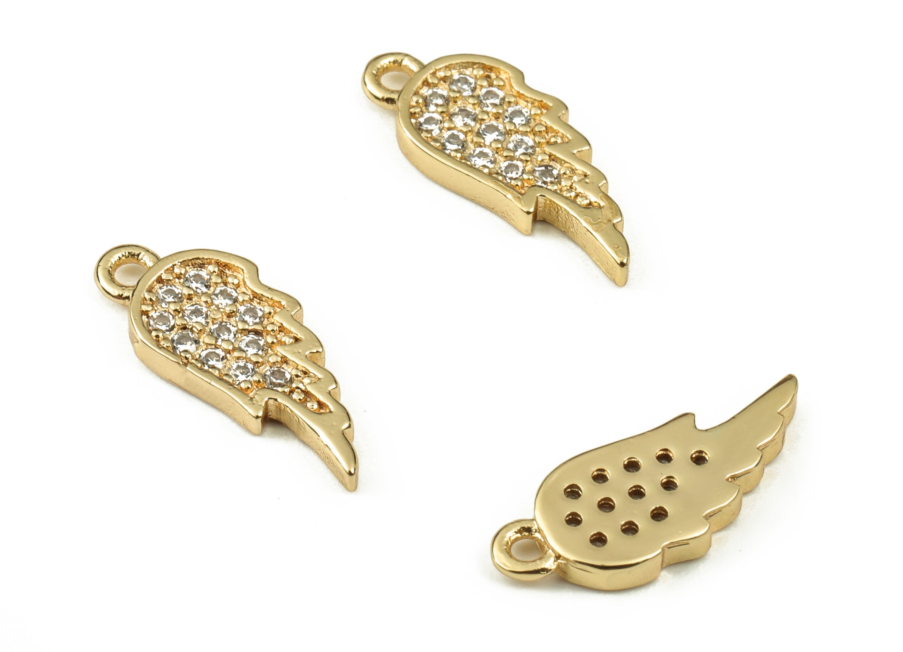 Brass Wing Earring Charms With Zircons - Gold Wing Pendant - 18K Real Gold Plated Brass - Jewelry Supplies - 14.14x5.67x1.48mm - RGP3764 - DOMEDBAZAAR