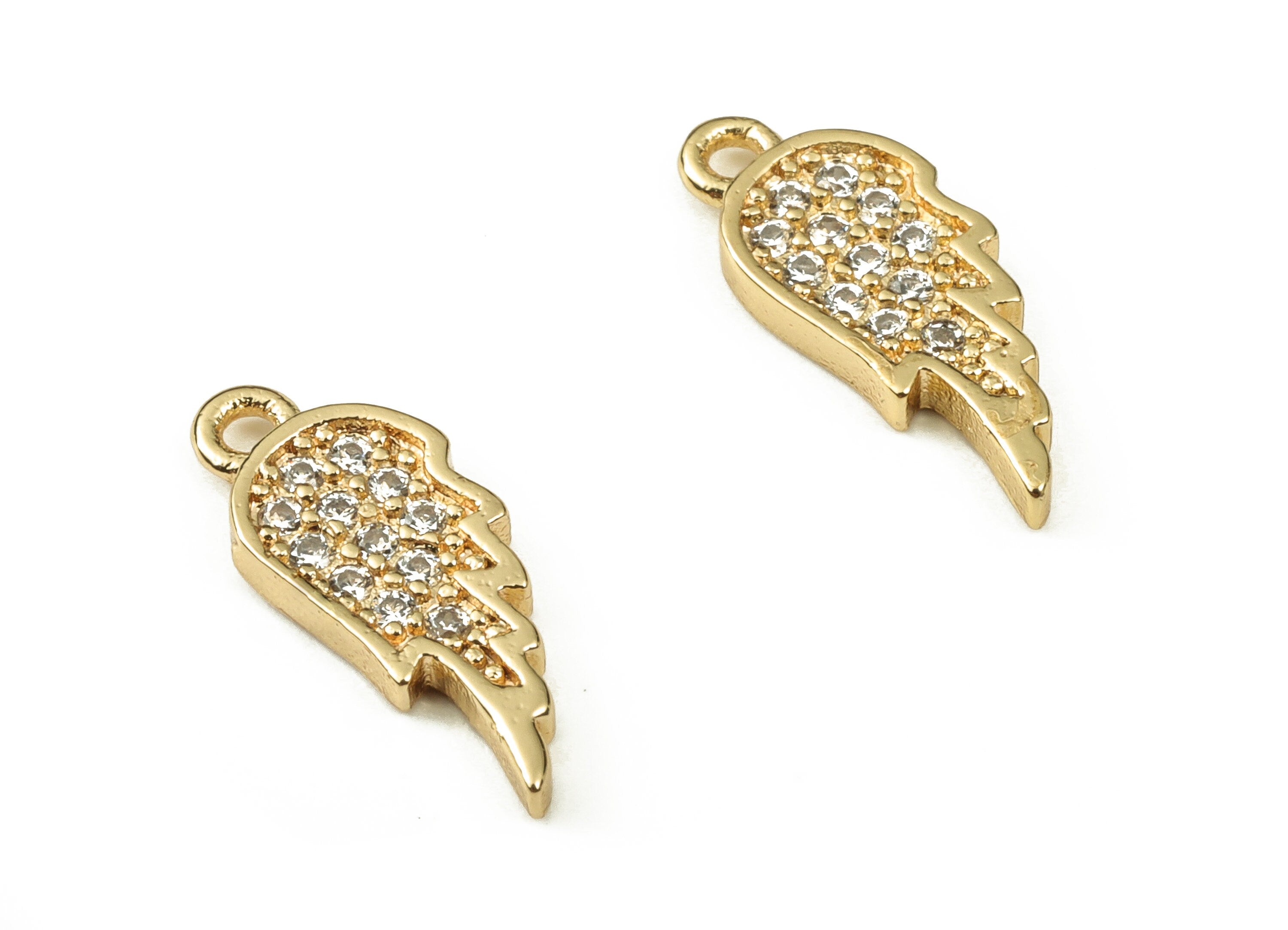 Brass Wing Earring Charms With Zircons - Gold Wing Pendant - 18K Real Gold Plated Brass - Jewelry Supplies - 14.14x5.67x1.48mm - RGP3764 - DOMEDBAZAAR