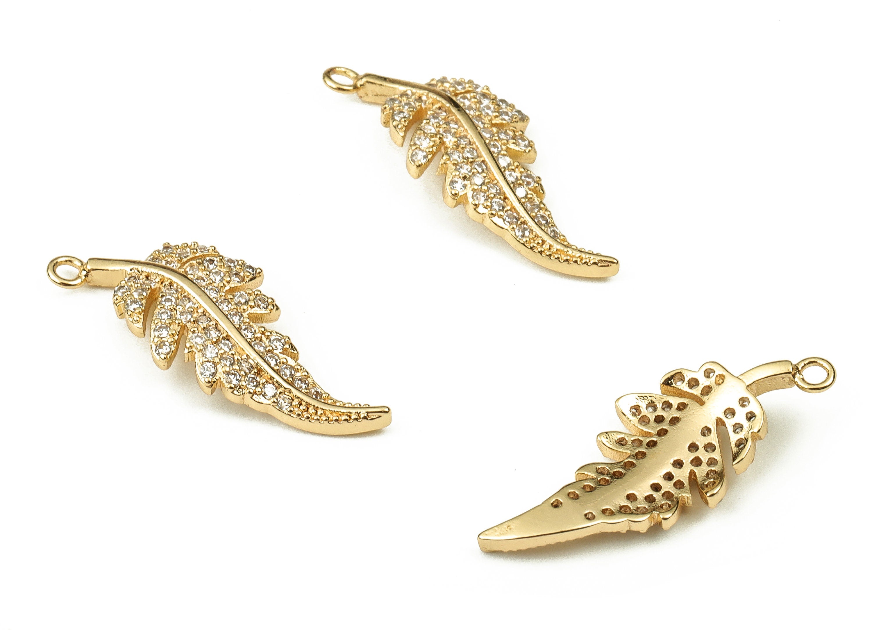 Brass Leaf Earring Charms With Zircons - Gold Leaf Pendant - 18K Real Gold Plated Brass - Jewelry Supplies - 23.27x9.13x1.95mm - RGP3749 - DOMEDBAZAAR
