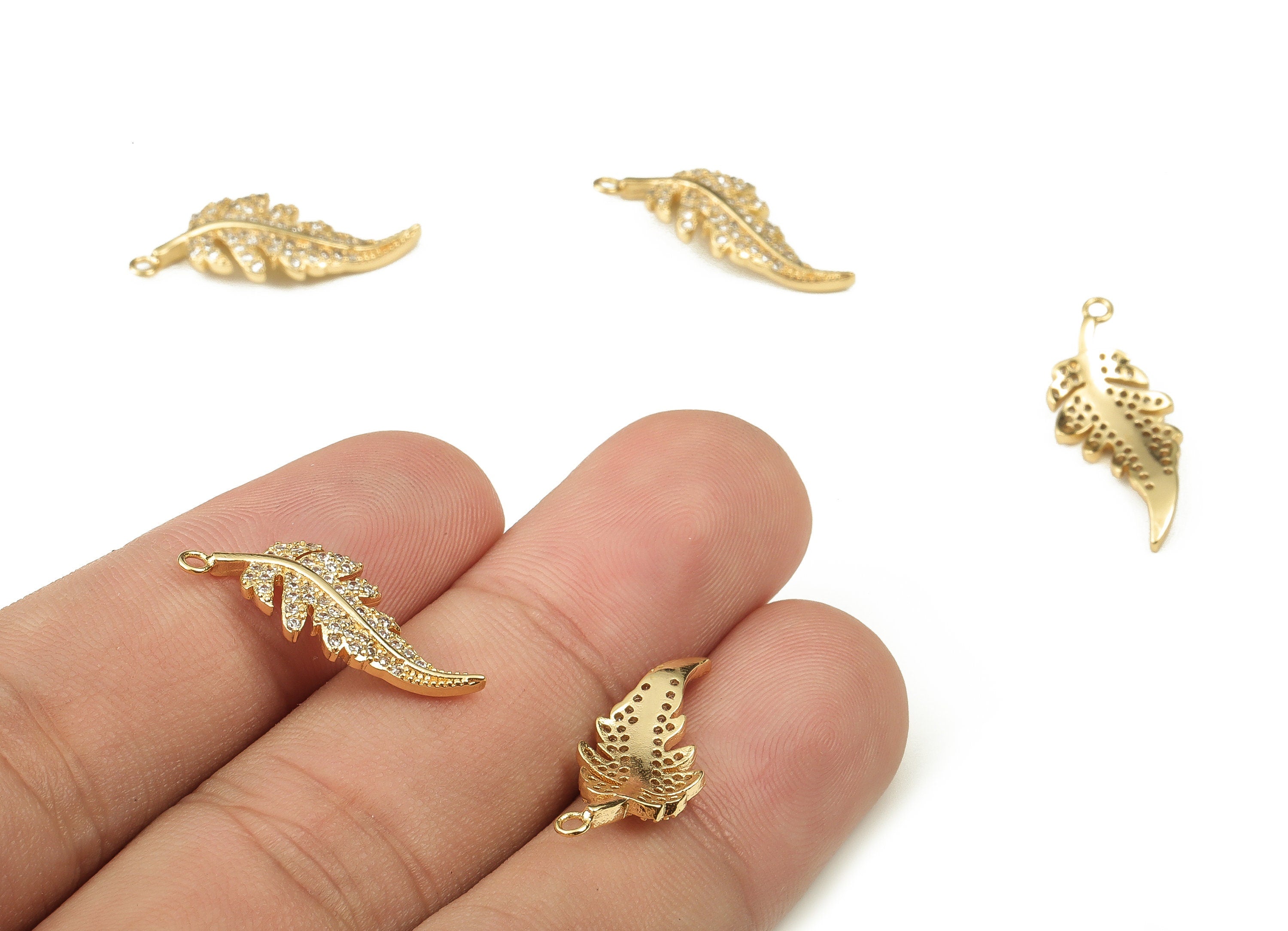 Brass Leaf Earring Charms With Zircons - Gold Leaf Pendant - 18K Real Gold Plated Brass - Jewelry Supplies - 23.27x9.13x1.95mm - RGP3749 - DOMEDBAZAAR
