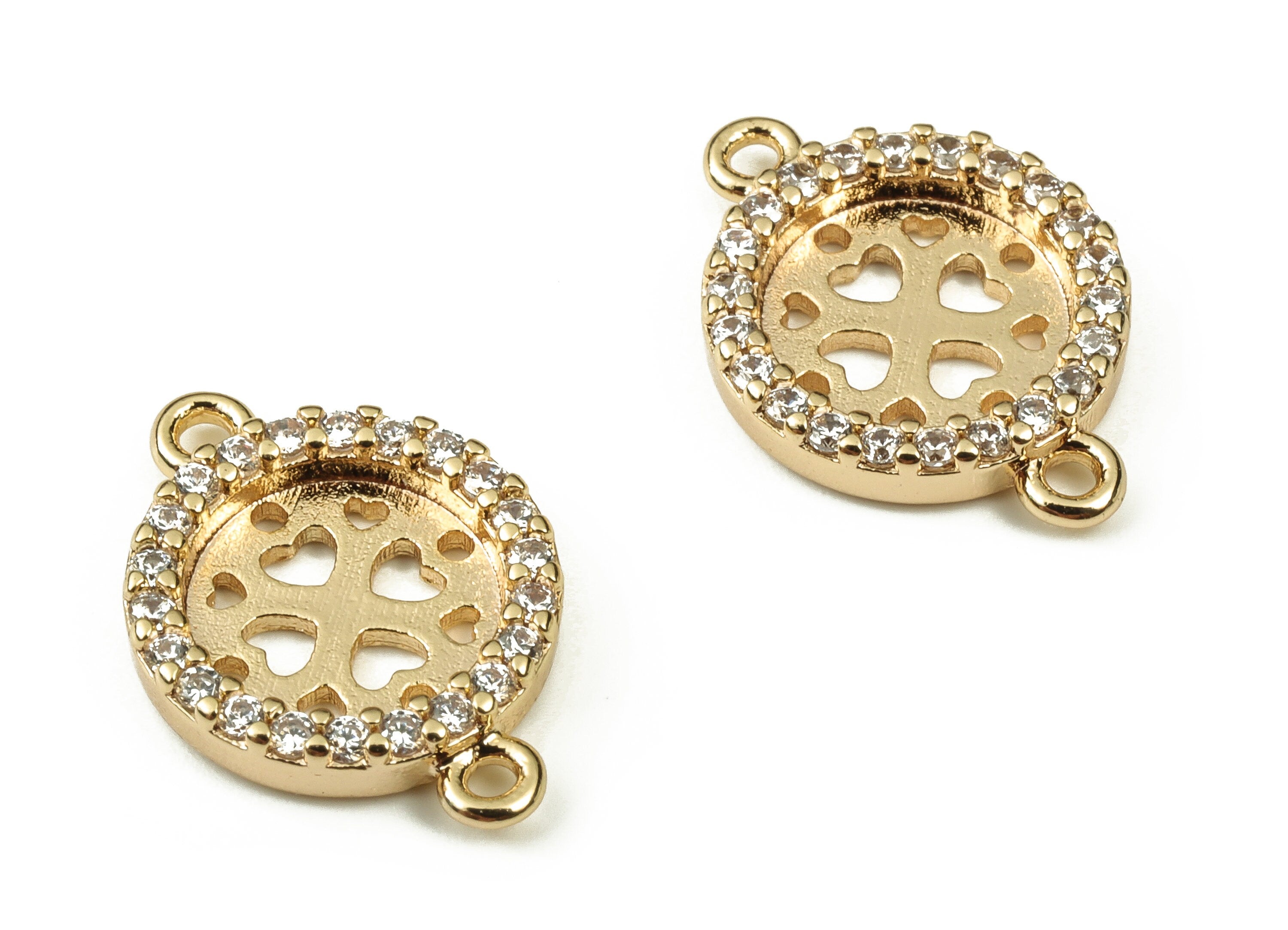 Brass Round Earring Connector With Zircons - Gold Heart Pendant - 18K Real Gold Plated Brass - Jewelry Supplies - 15.83x11.14x2mm - RGP3760 - DOMEDBAZAAR