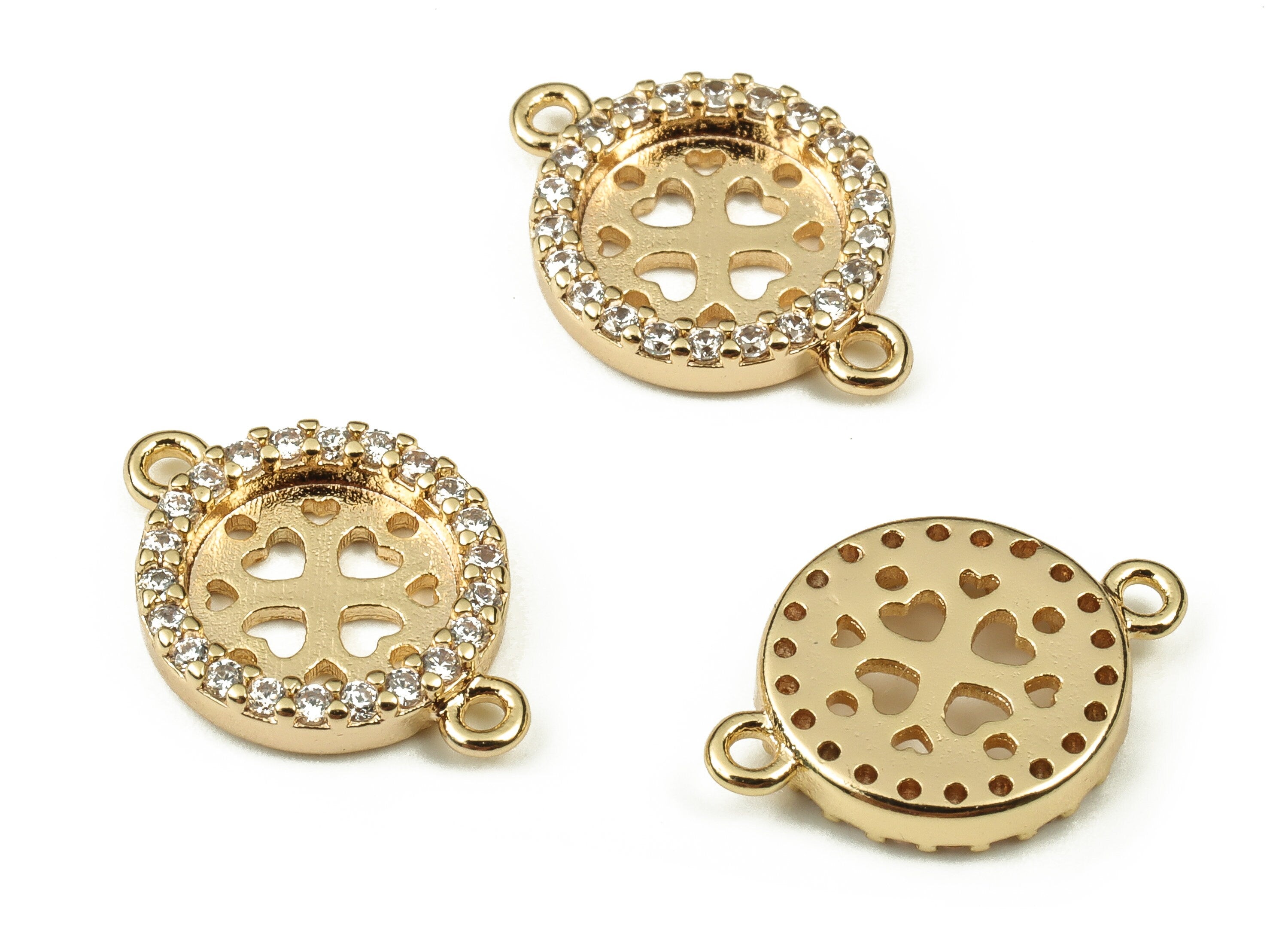 Brass Round Earring Connector With Zircons - Gold Heart Pendant - 18K Real Gold Plated Brass - Jewelry Supplies - 15.83x11.14x2mm - RGP3760 - DOMEDBAZAAR