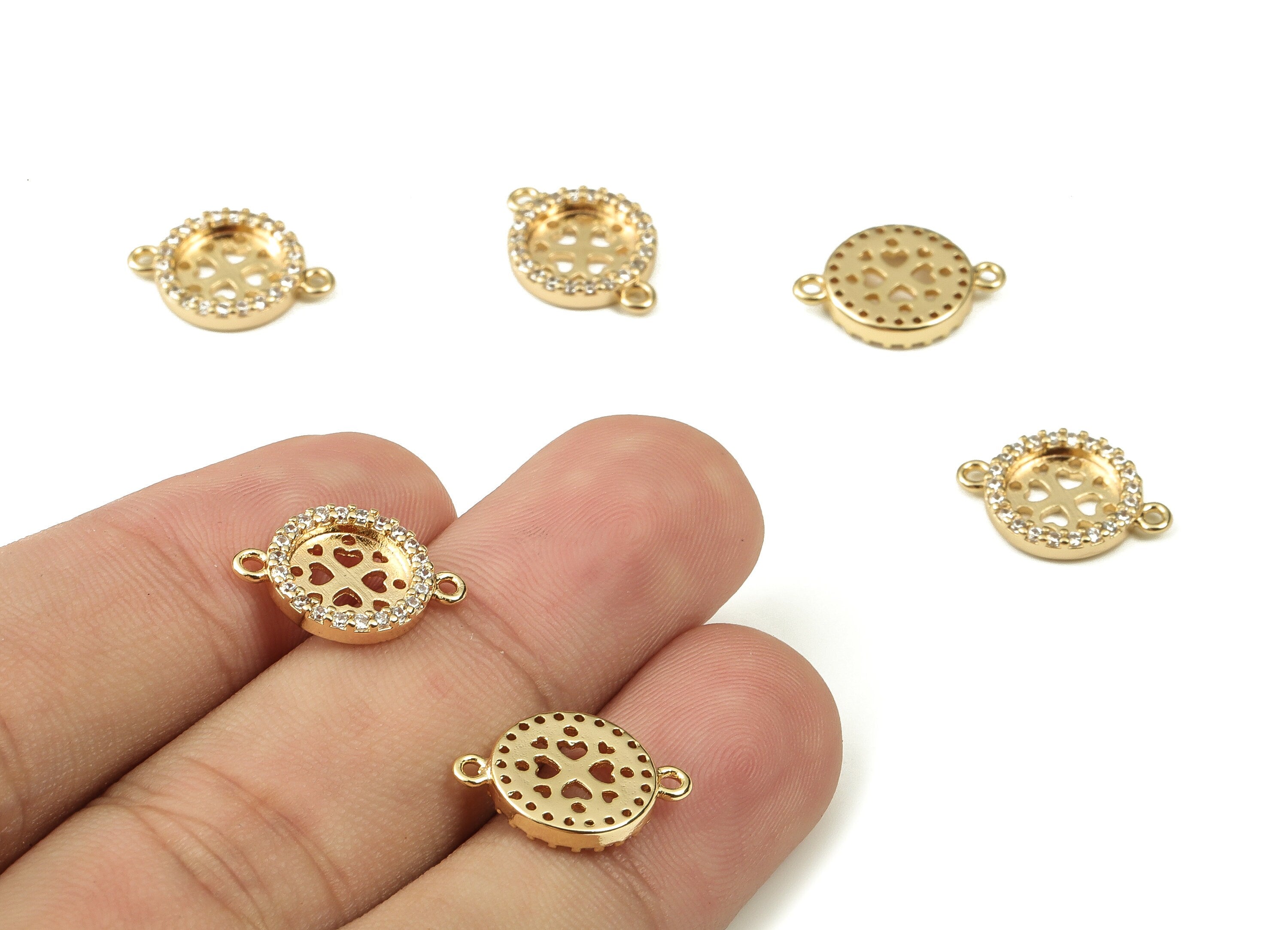 Brass Round Earring Connector With Zircons - Gold Heart Pendant - 18K Real Gold Plated Brass - Jewelry Supplies - 15.83x11.14x2mm - RGP3760 - DOMEDBAZAAR