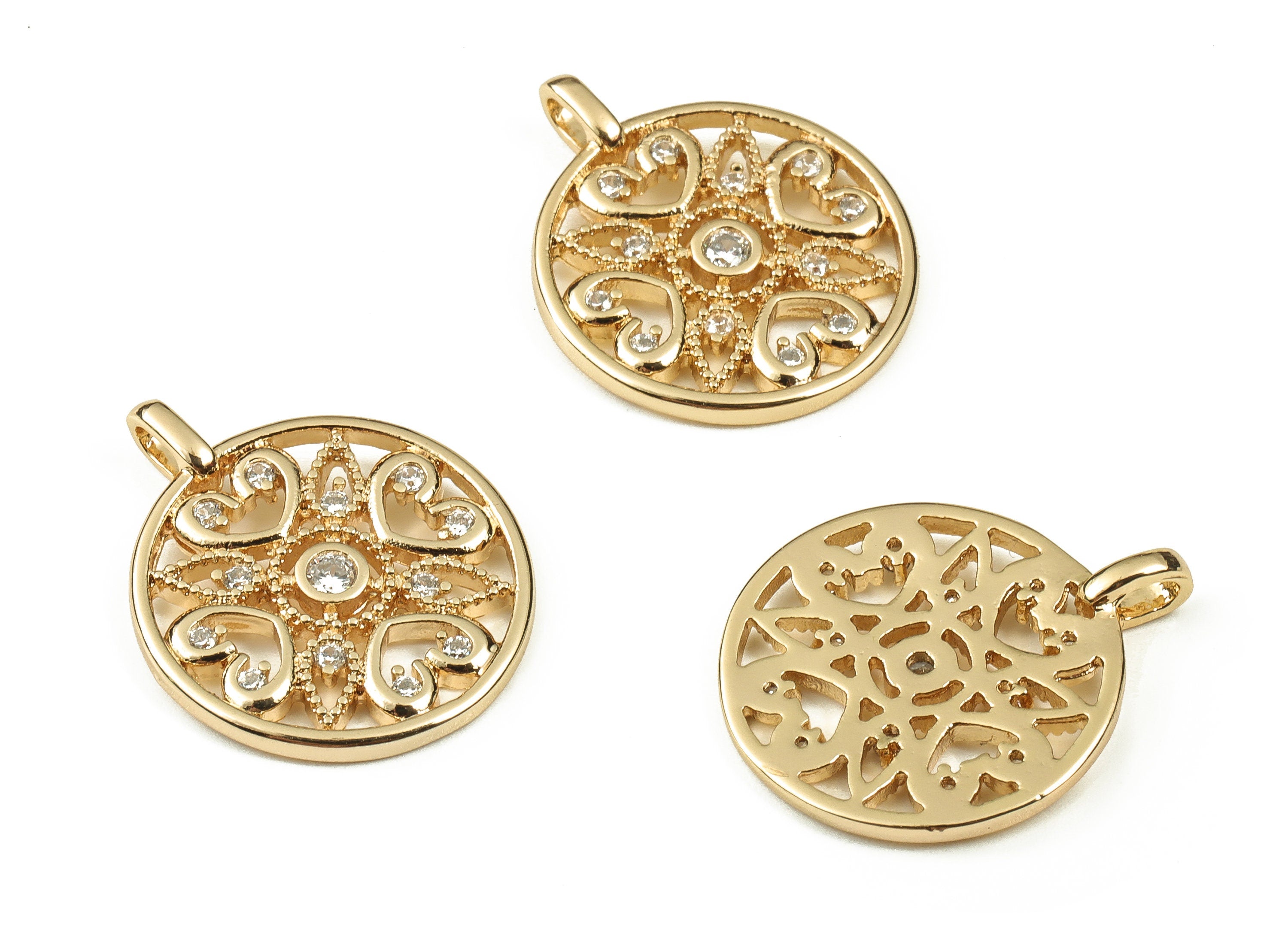 Brass Round Earring Charms With Zircons - Gold Flower Pendant - 18K Real Gold Plated Brass - Jewelry Supplies - 24.69x19.98x1.99mm - RGP3794 - DOMEDBAZAAR