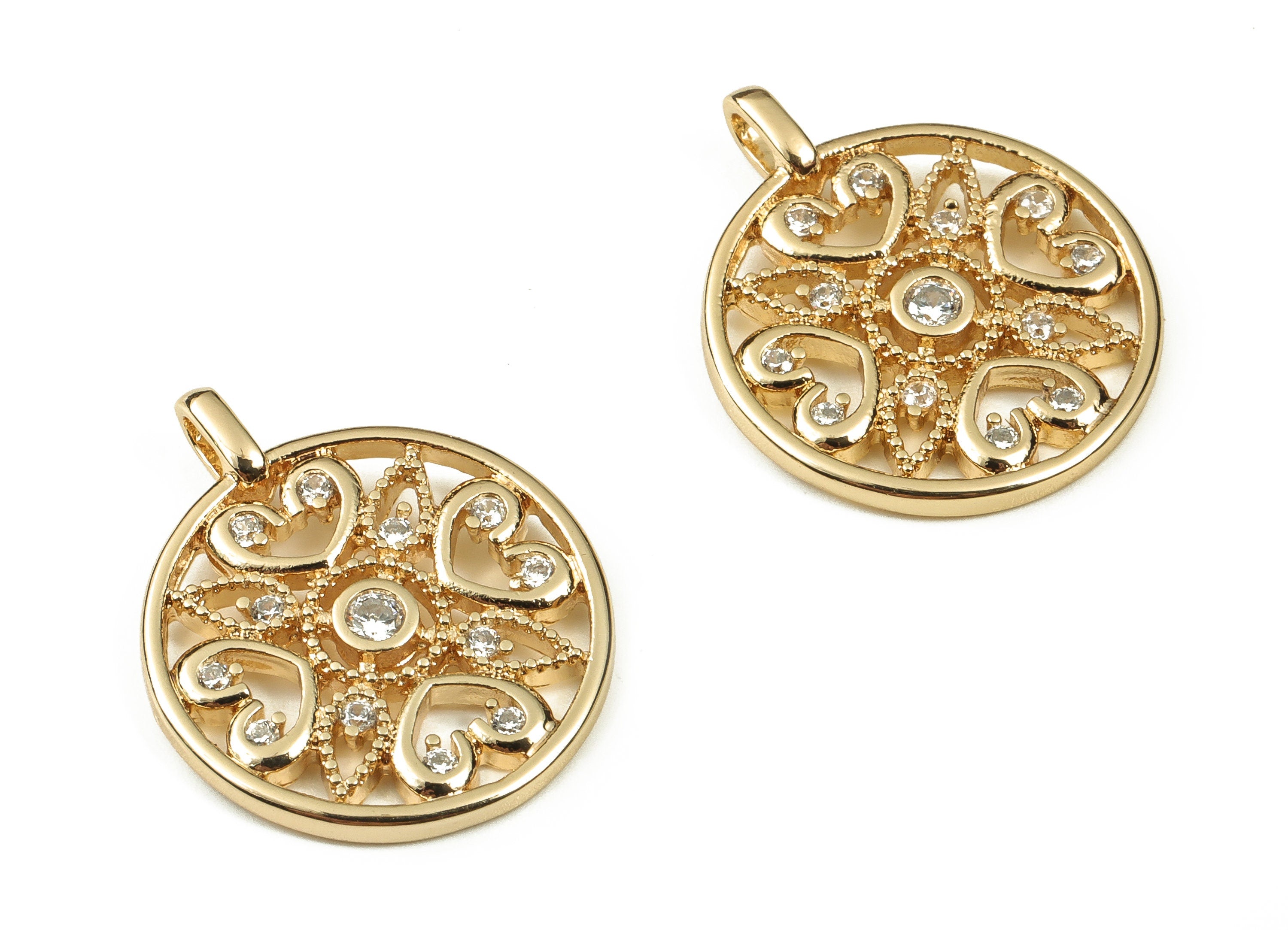 Brass Round Earring Charms With Zircons - Gold Flower Pendant - 18K Real Gold Plated Brass - Jewelry Supplies - 24.69x19.98x1.99mm - RGP3794 - DOMEDBAZAAR