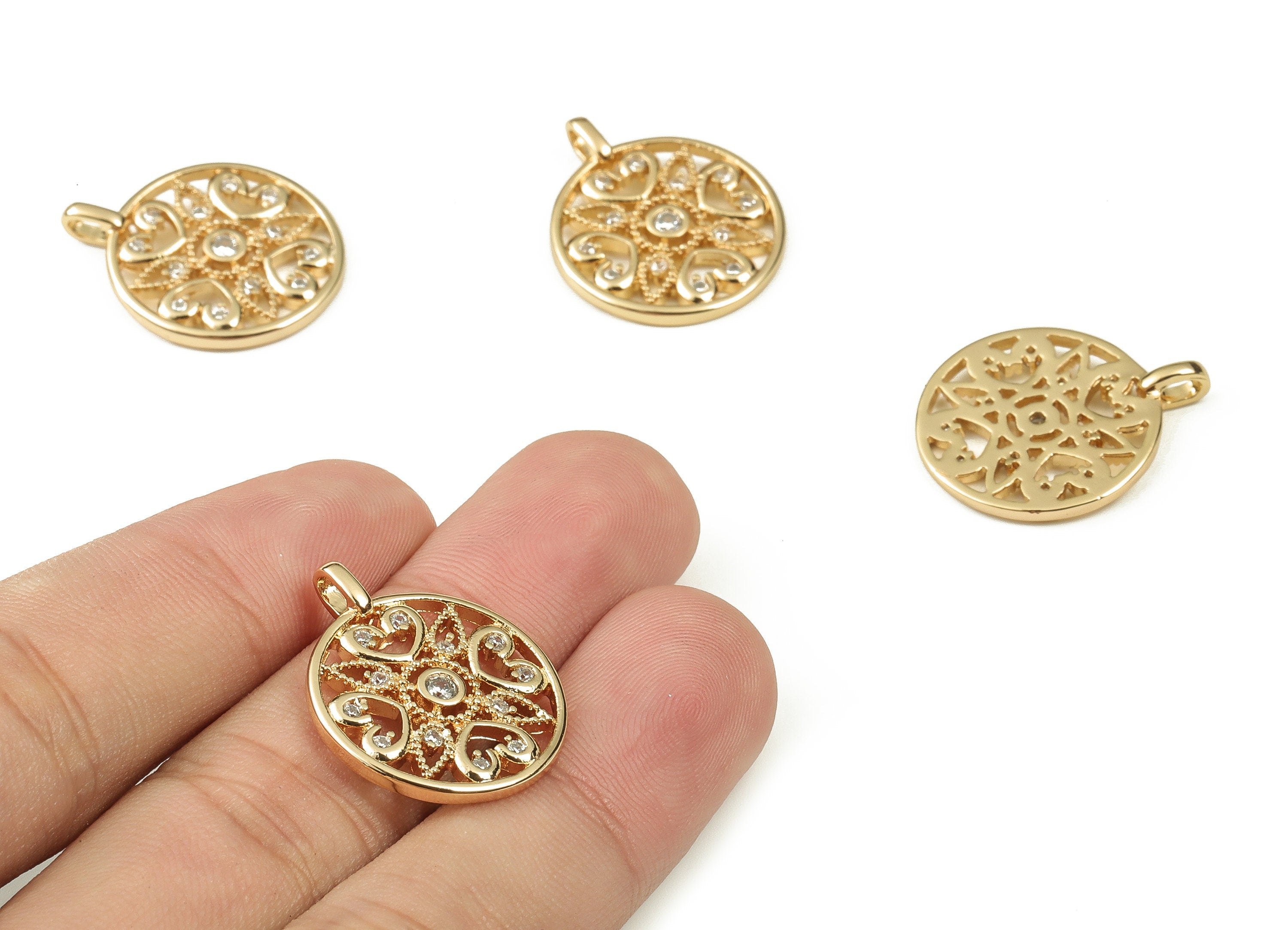Brass Round Earring Charms With Zircons - Gold Flower Pendant - 18K Real Gold Plated Brass - Jewelry Supplies - 24.69x19.98x1.99mm - RGP3794 - DOMEDBAZAAR