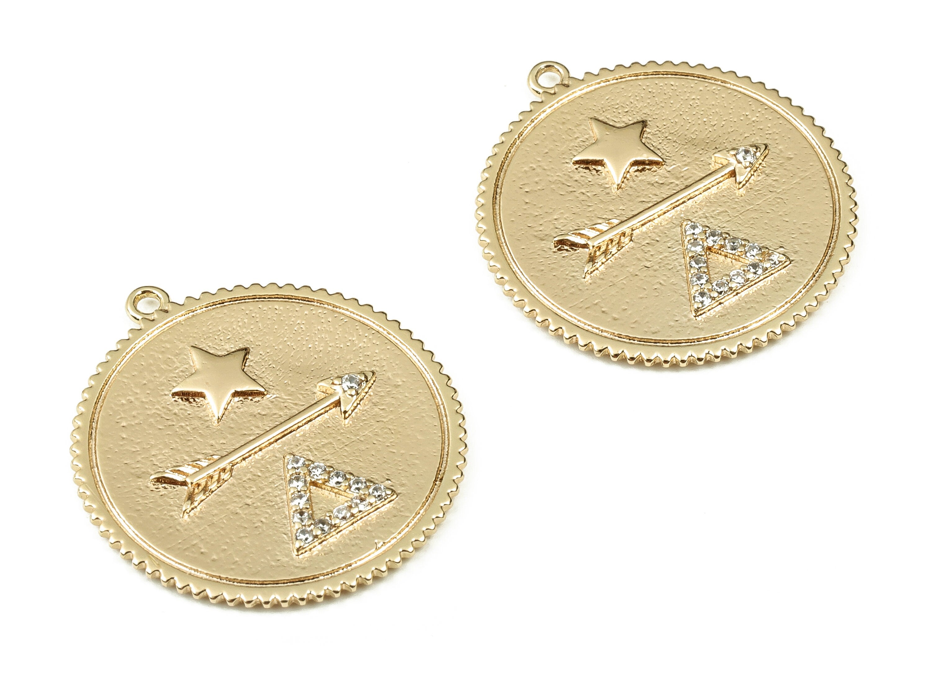 Brass Round Arrow Earring Charms With Zircons - Gold Triangle Star Pendant - 18K Real Gold Plated Brass - 25.17x23.05x2.04mm - RGP3420 - DOMEDBAZAAR