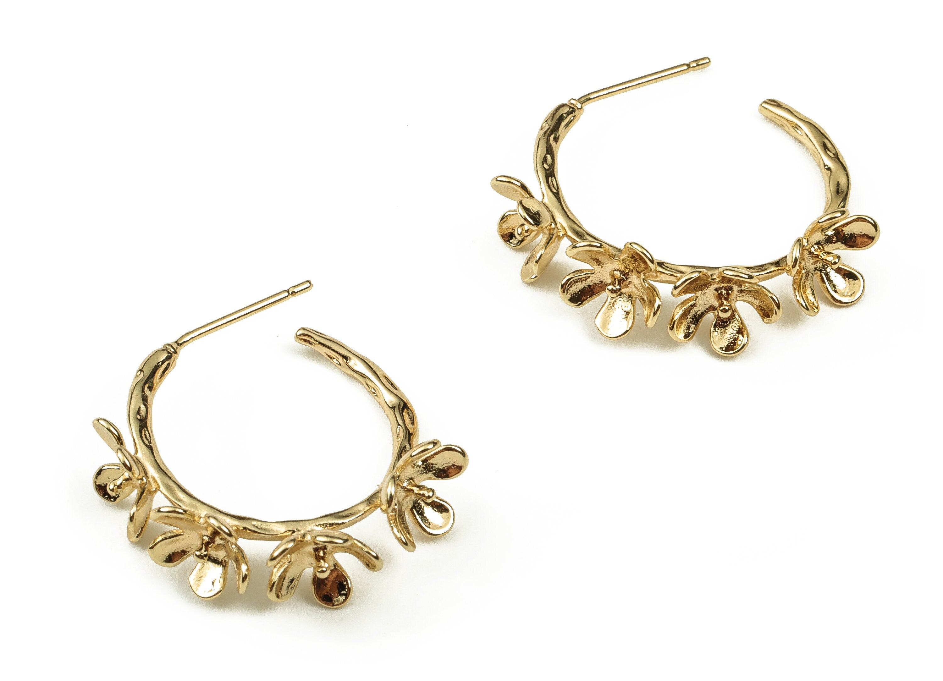 Brass C Earring Post - Gold Flower Earring Stud - 18K Real Gold Plated Brass - Brass Stud - Jewelry Supplies - 24.43x23.39x4.48mm - RGP3781 - DOMEDBAZAAR