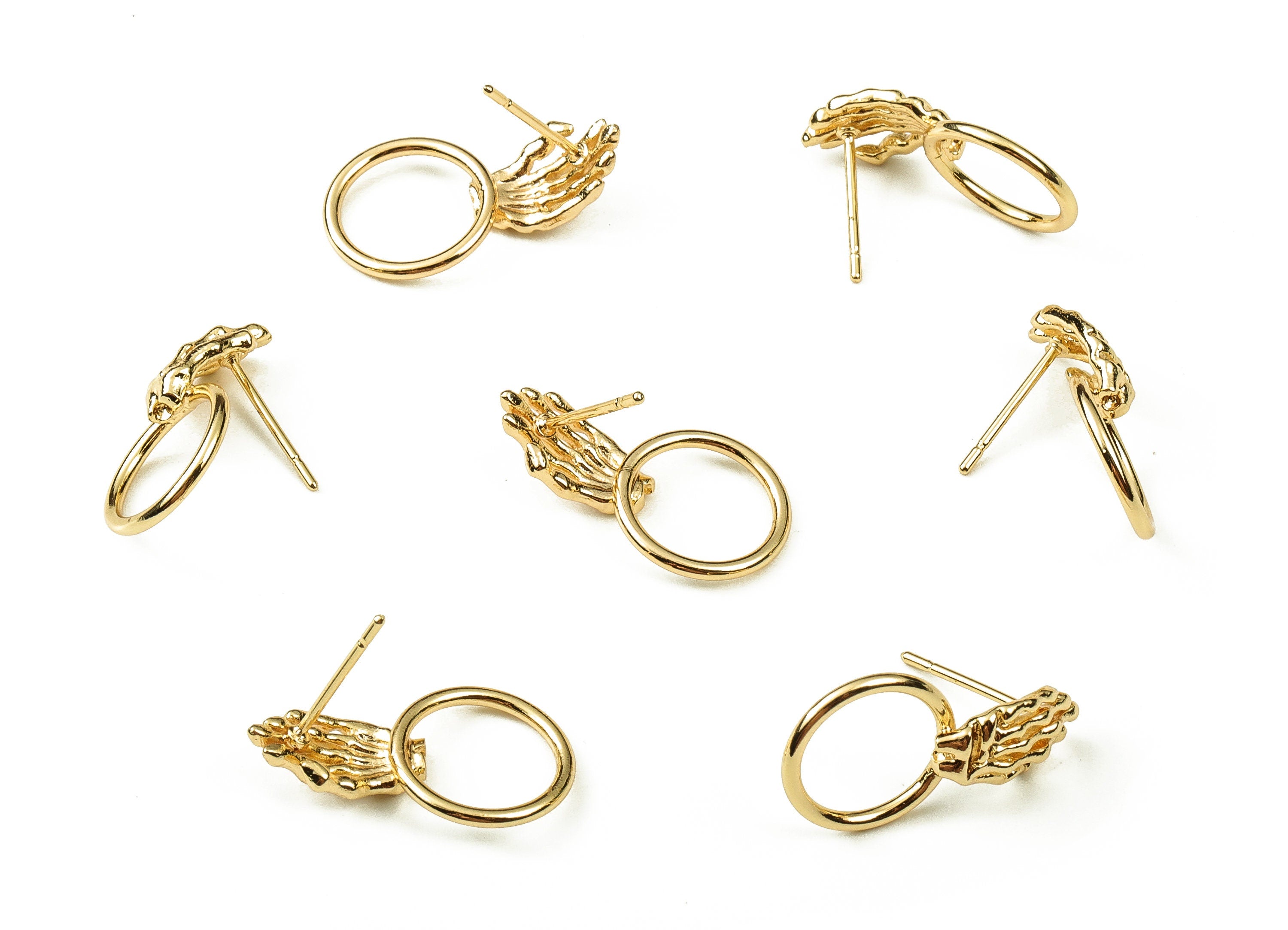 Brass Hand Stud Earring - Gold Round Ring Post Earrings - 18K Real Gold Plated Brass - Stainless Steel Stud - 20.64x11.53x1.38mm - RGP3739 - DOMEDBAZAAR