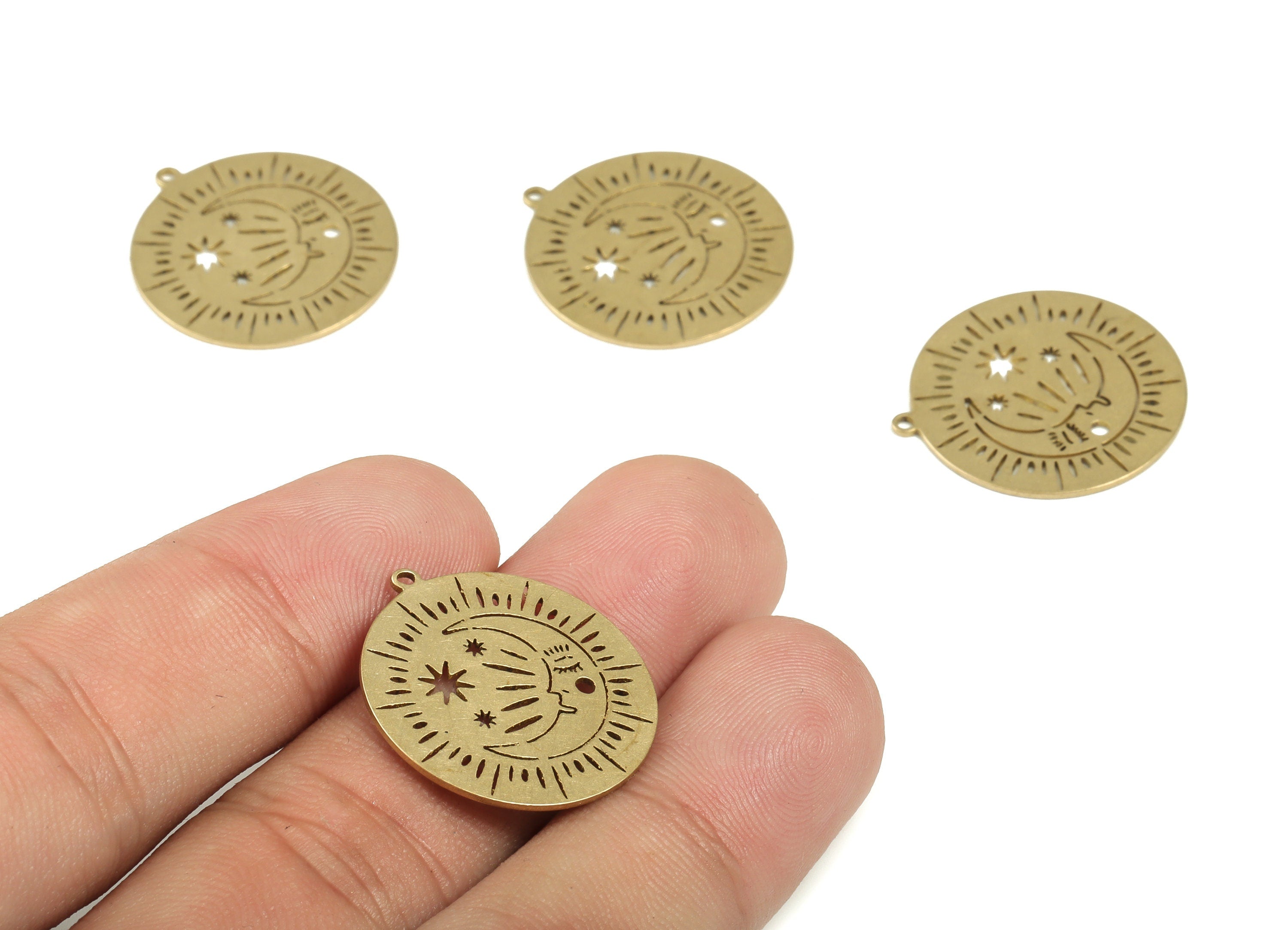 Moon Star Round Pendant - Raw Brass Crescent Face Star Earring Charm - Sun Star Circle Charms - Jewelry Supplies - 23.8x21.9x0.7mm - PP4222 - DOMEDBAZAAR