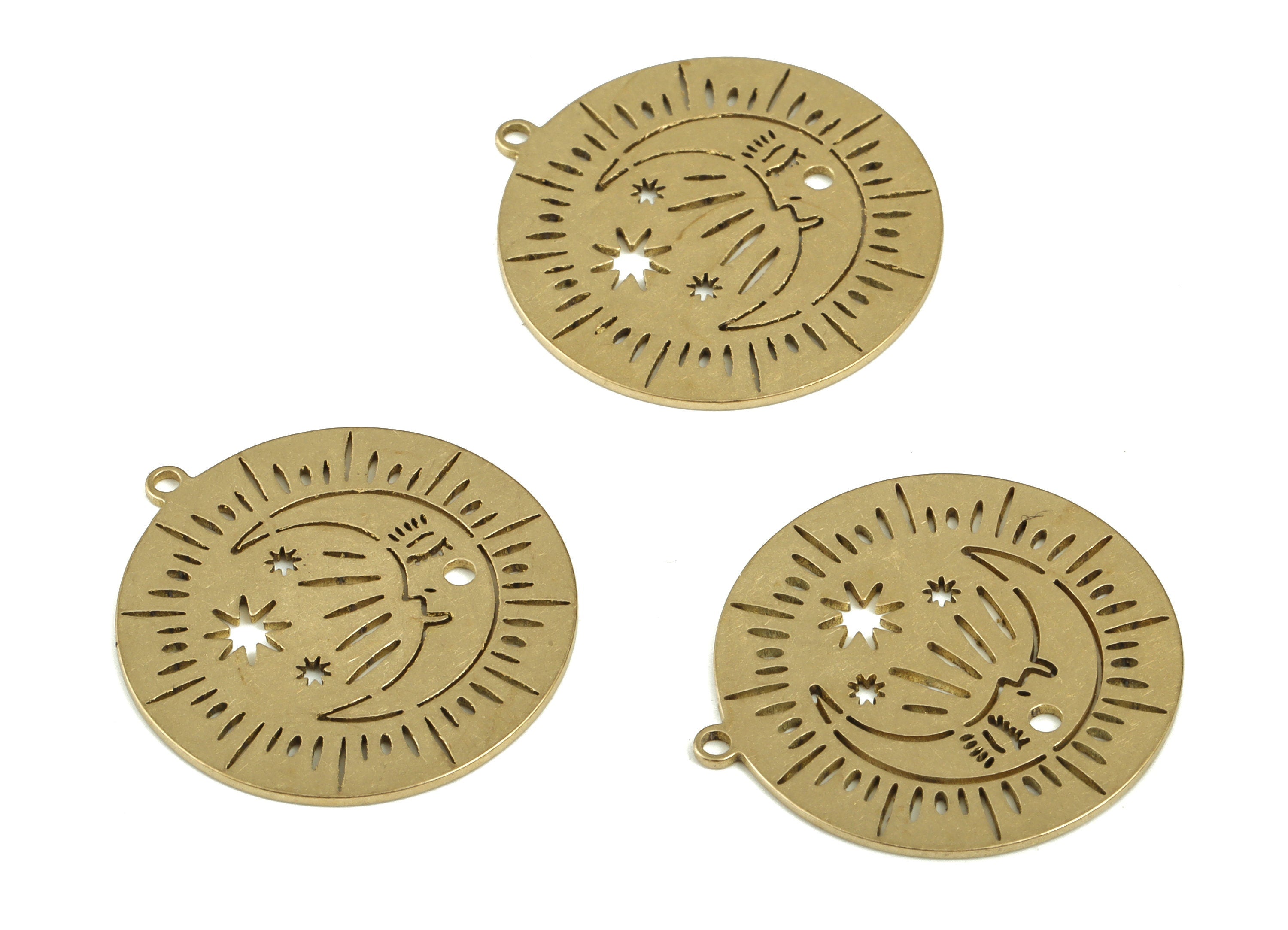 Moon Star Round Pendant - Raw Brass Crescent Face Star Earring Charm - Sun Star Circle Charms - Jewelry Supplies - 23.8x21.9x0.7mm - PP4222 - DOMEDBAZAAR