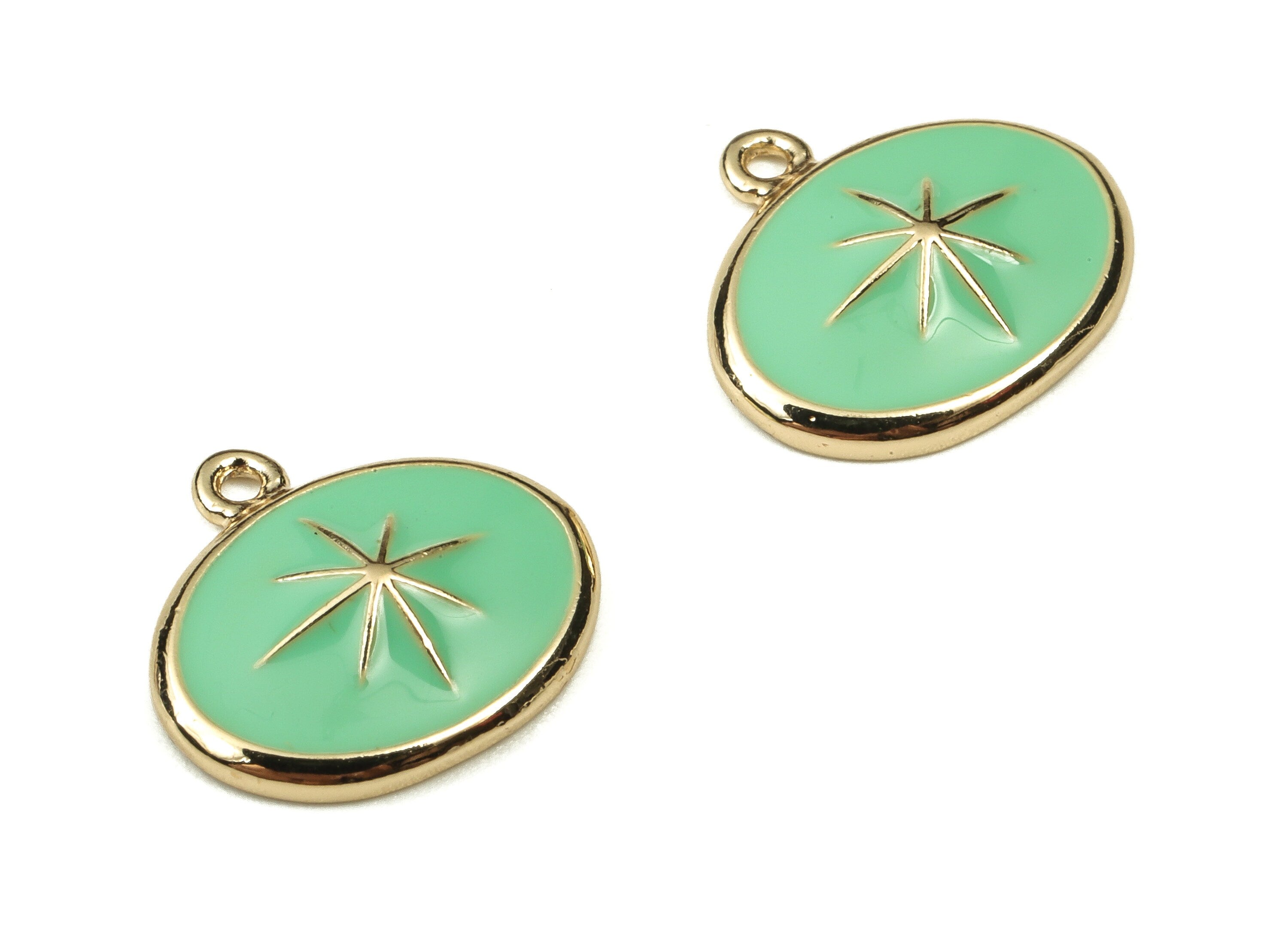 Brass Oval Earring Charms - Star Pendant – Oval Green Charm - 18K Real Gold Plated Brass - Jewelry Supplies - 13.23x12.08x1.05mm - RGP3738C - DOMEDBAZAAR