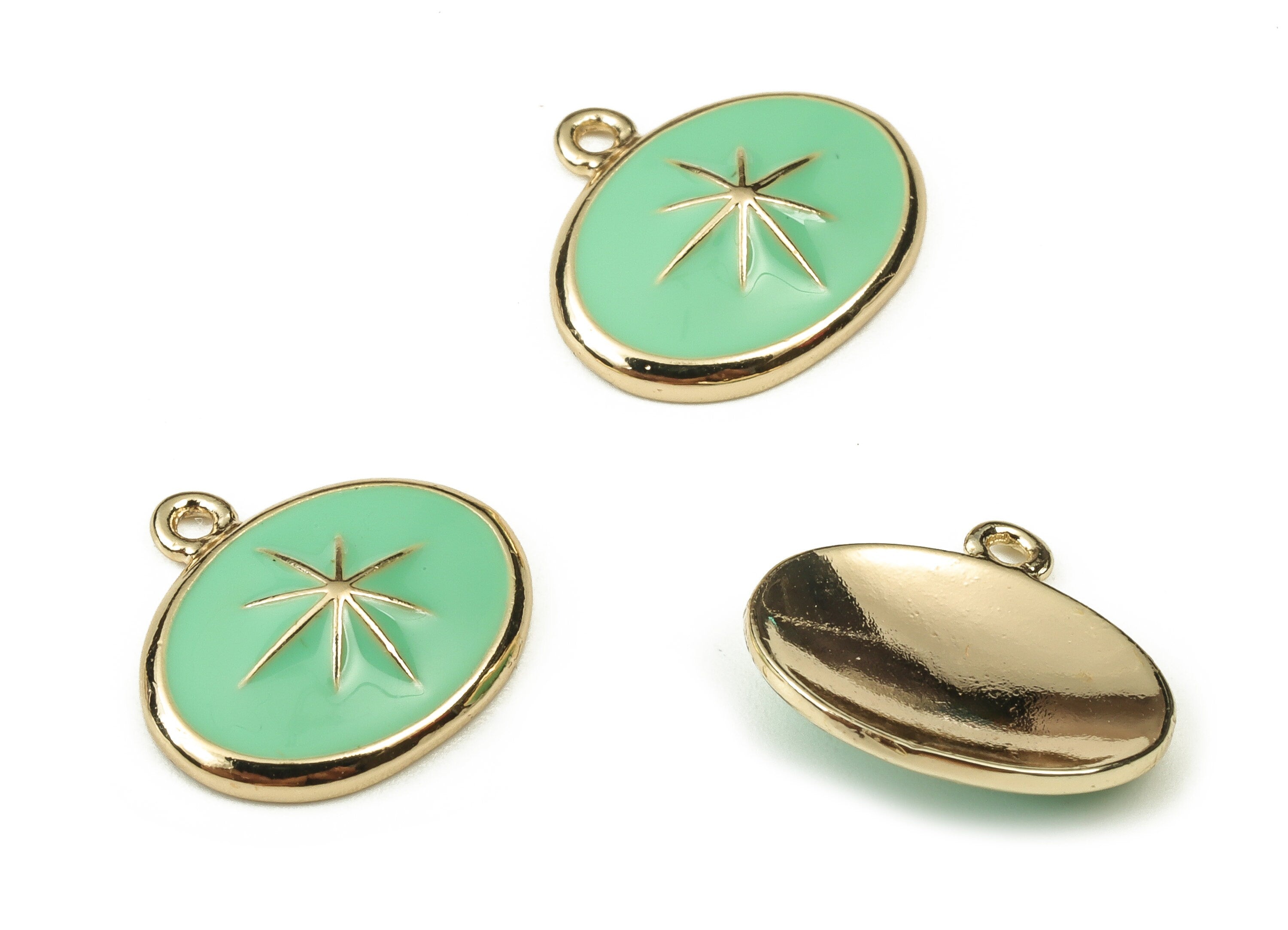 Brass Oval Earring Charms - Star Pendant – Oval Green Charm - 18K Real Gold Plated Brass - Jewelry Supplies - 13.23x12.08x1.05mm - RGP3738C - DOMEDBAZAAR