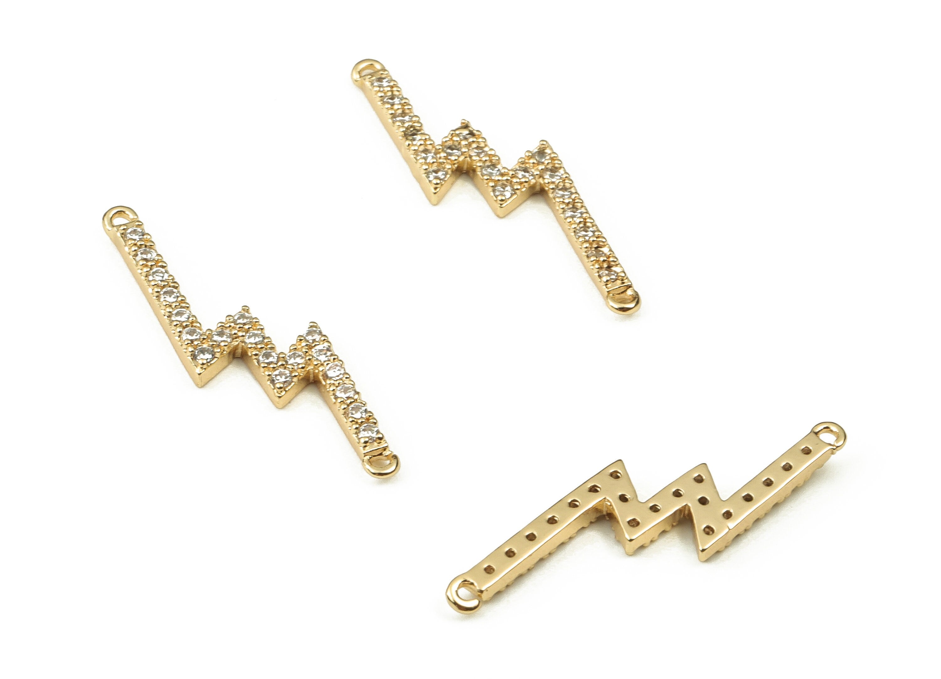 Brass Lightning Earring Connector With Zircons - Gold Lightning Charms - 18K Real Gold Plated Brass - 24.52x7.45x1.76mm - RGP3748 - DOMEDBAZAAR