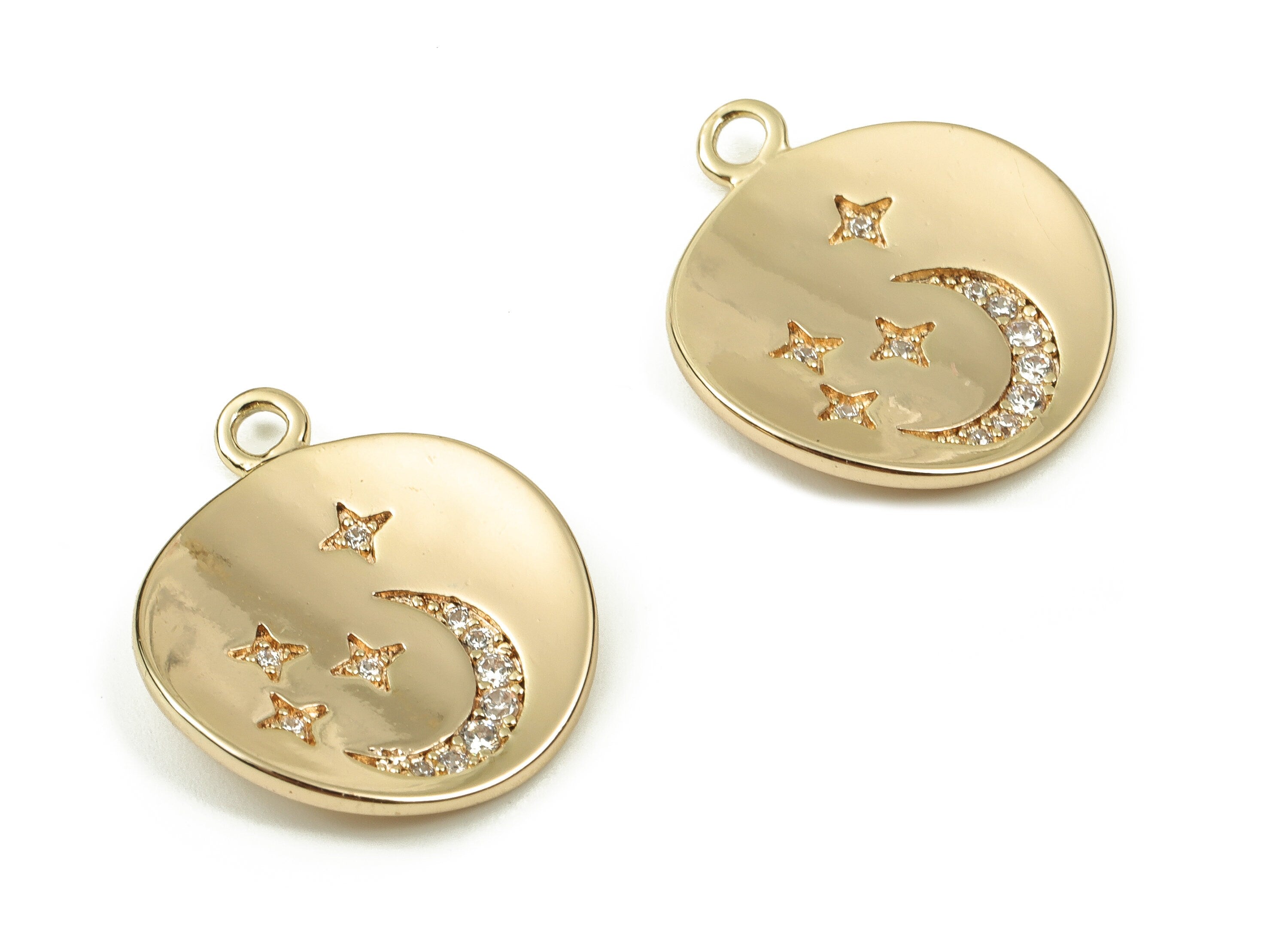 Brass Round Earring Charms With Zircons - Gold Moon Star Pendant - 18K Real Gold Plated Brass - Jewelry Supplies - 20.78x17.1x1mm - RGP3752 - DOMEDBAZAAR