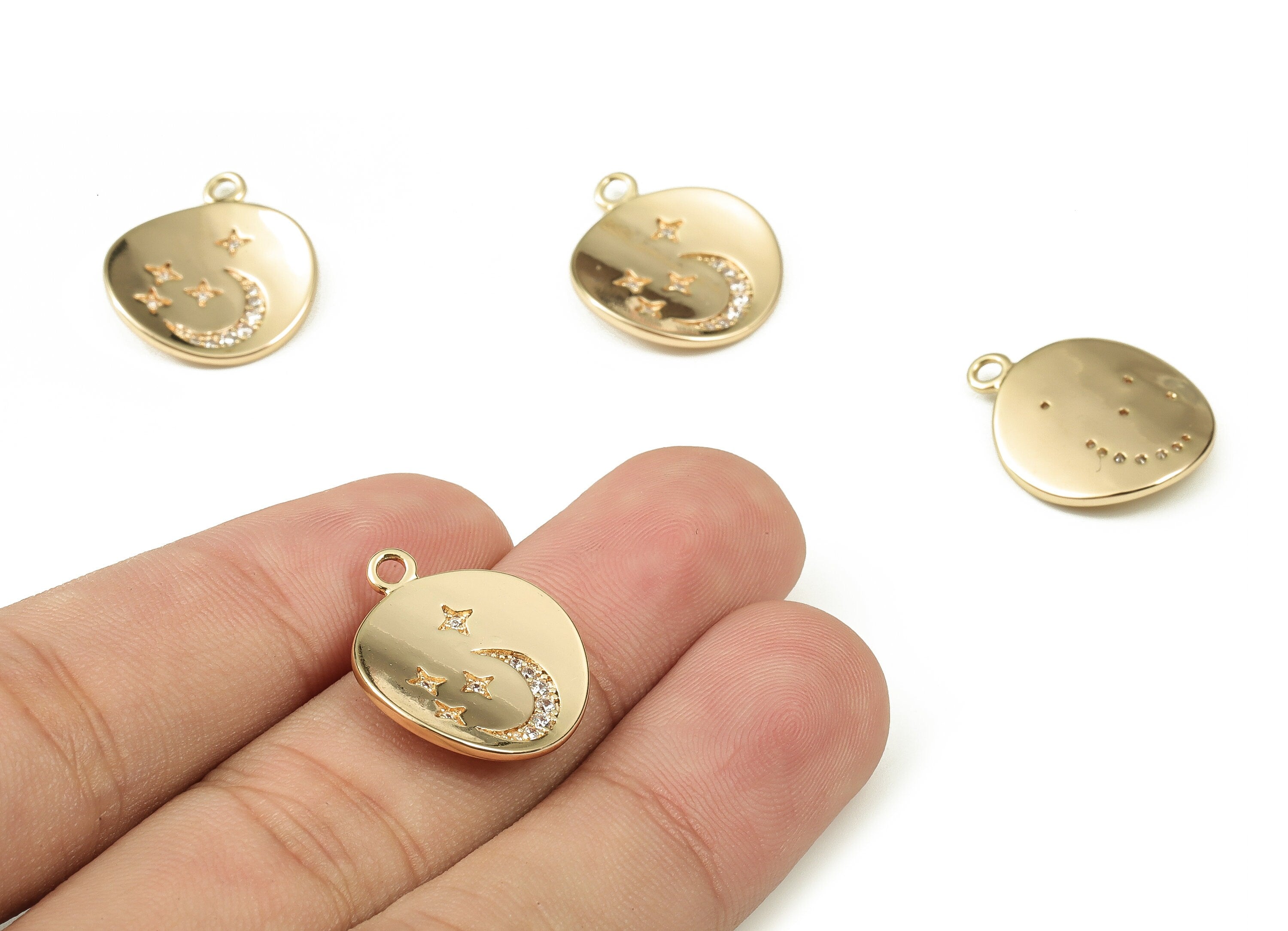 Brass Round Earring Charms With Zircons - Gold Moon Star Pendant - 18K Real Gold Plated Brass - Jewelry Supplies - 20.78x17.1x1mm - RGP3752 - DOMEDBAZAAR