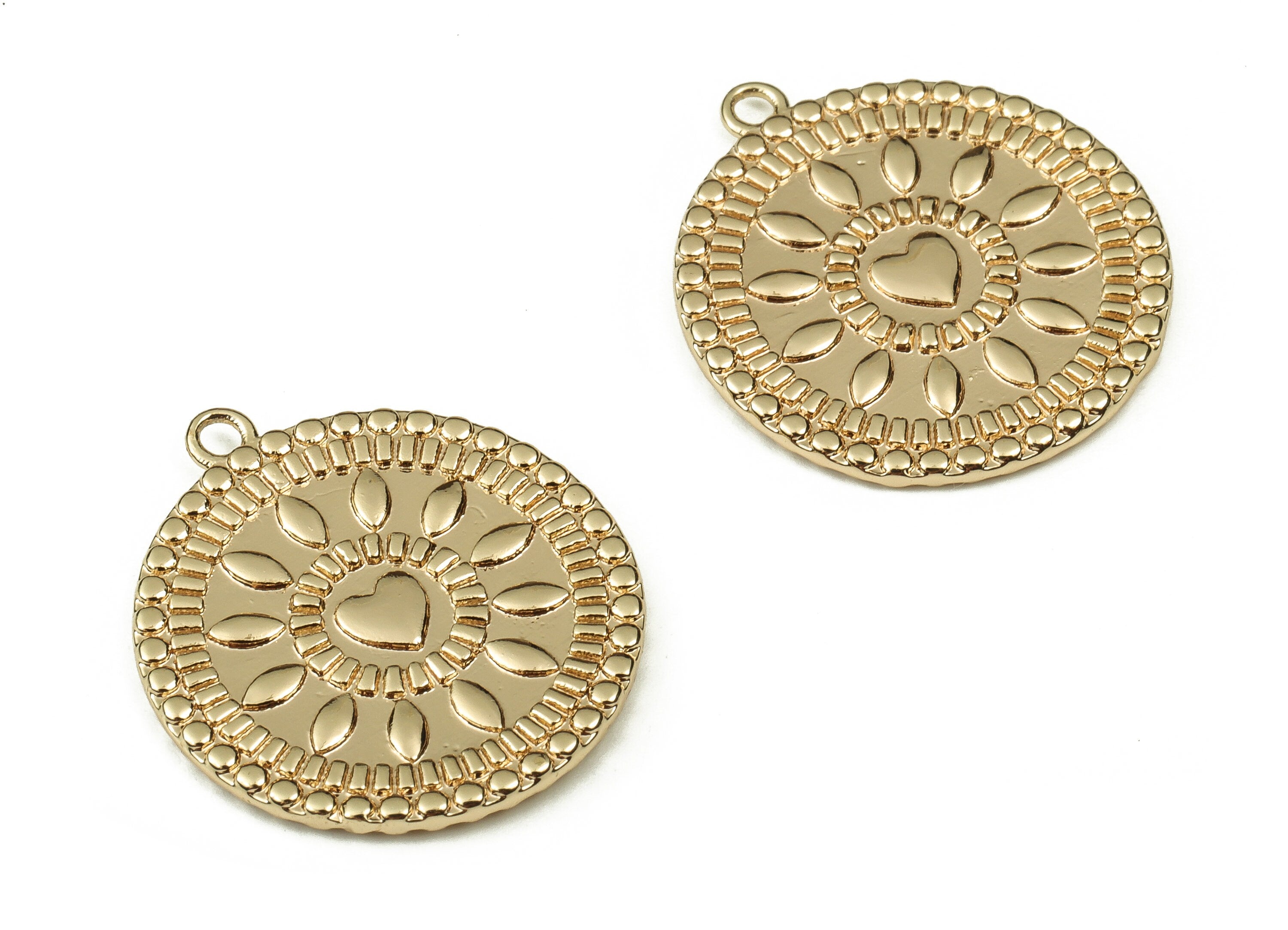 Brass Round Earring Charms - Gold Sun Heart Pendant - 18K Real Gold Plated Brass - Jewelry Making Supplies - 22.04x19.87x1.49mm - RGP3840 - DOMEDBAZAAR