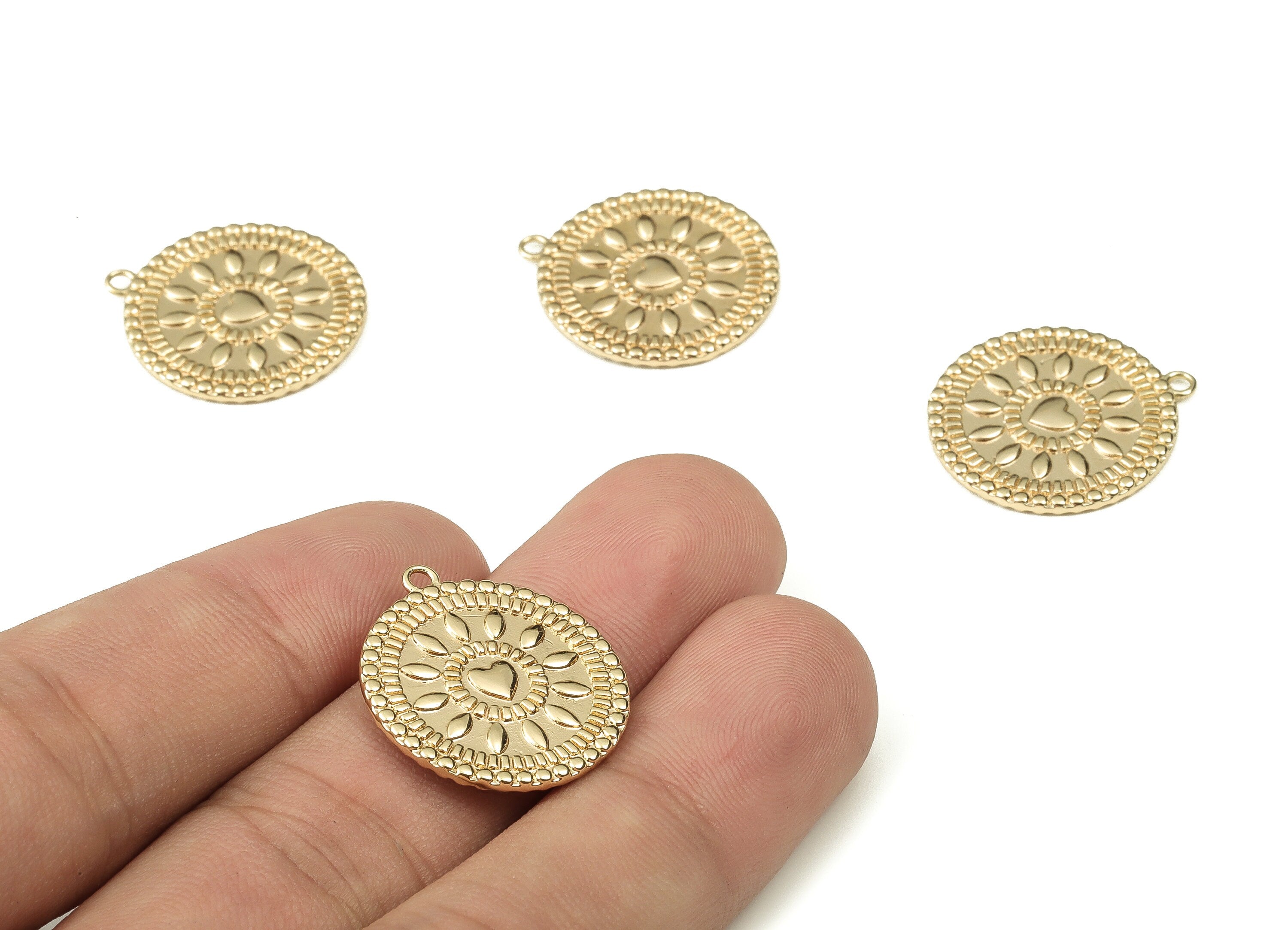 Brass Round Earring Charms - Gold Sun Heart Pendant - 18K Real Gold Plated Brass - Jewelry Making Supplies - 22.04x19.87x1.49mm - RGP3840 - DOMEDBAZAAR