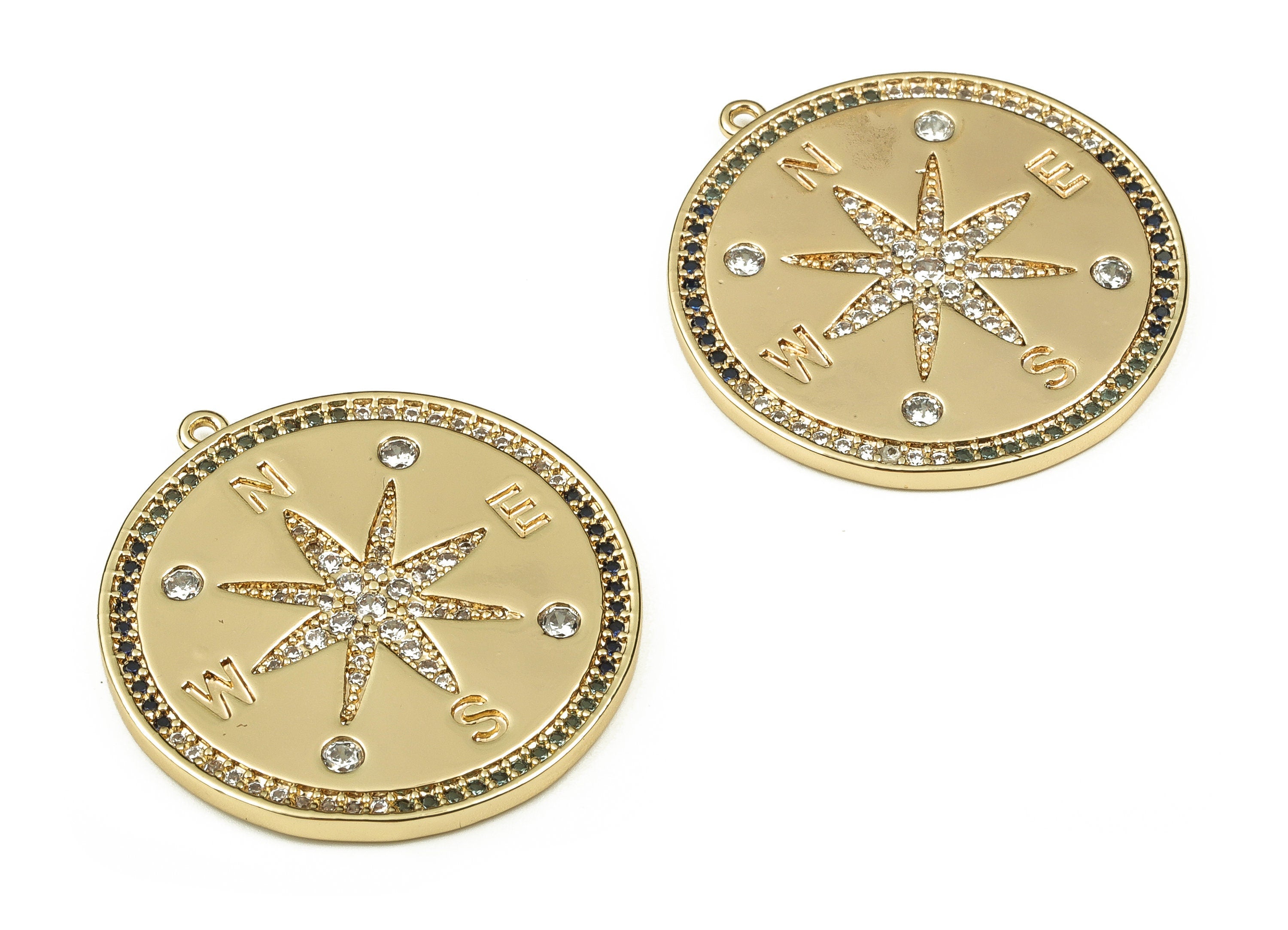 Brass Round Earring Charms With Zircons - Gold Star Pendant - 18K Real Gold Plated Brass - Jewelry Supplies - 32.11x30.04x1.87mm - RGP3855 - DOMEDBAZAAR