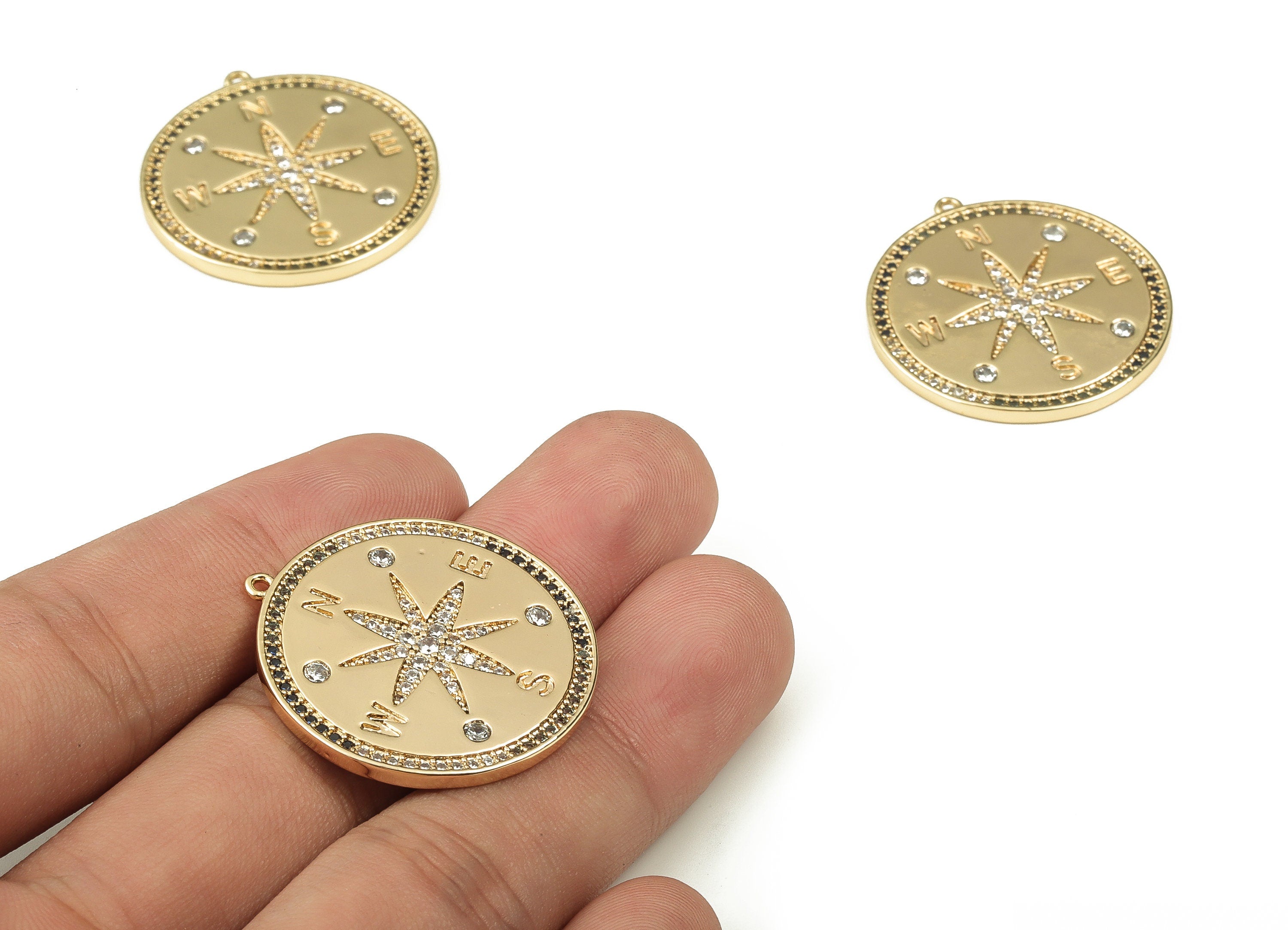 Brass Round Earring Charms With Zircons - Gold Star Pendant - 18K Real Gold Plated Brass - Jewelry Supplies - 32.11x30.04x1.87mm - RGP3855 - DOMEDBAZAAR