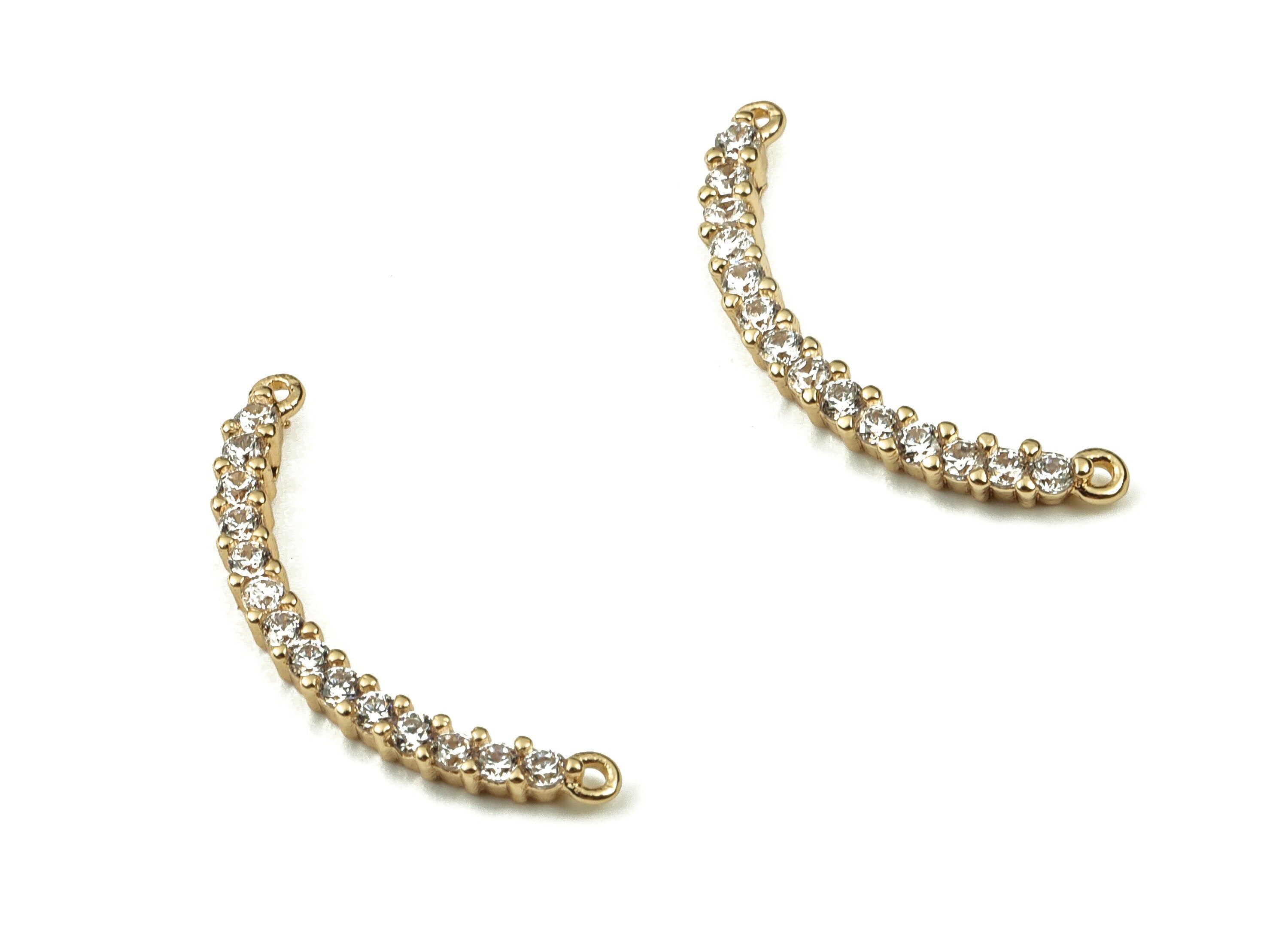 Brass Strip Earring Connector With Zircons - Gold Strip Pendant - 18K Real Gold Plated Brass - Jewelry Supplies - 21.85x1.55x2mm - RGP3411 - DOMEDBAZAAR
