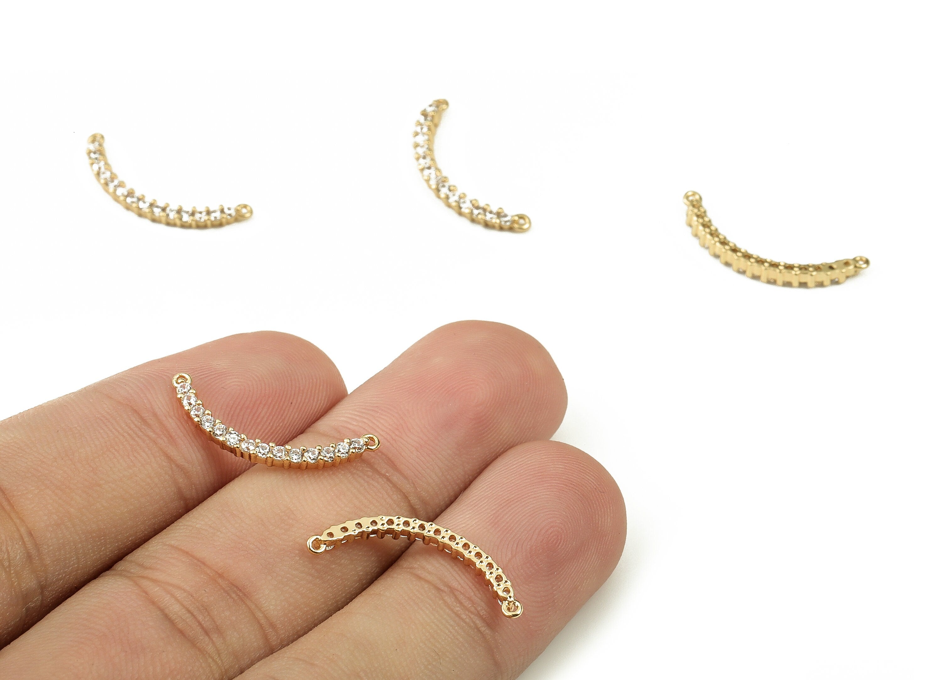 Brass Strip Earring Connector With Zircons - Gold Strip Pendant - 18K Real Gold Plated Brass - Jewelry Supplies - 21.85x1.55x2mm - RGP3411 - DOMEDBAZAAR