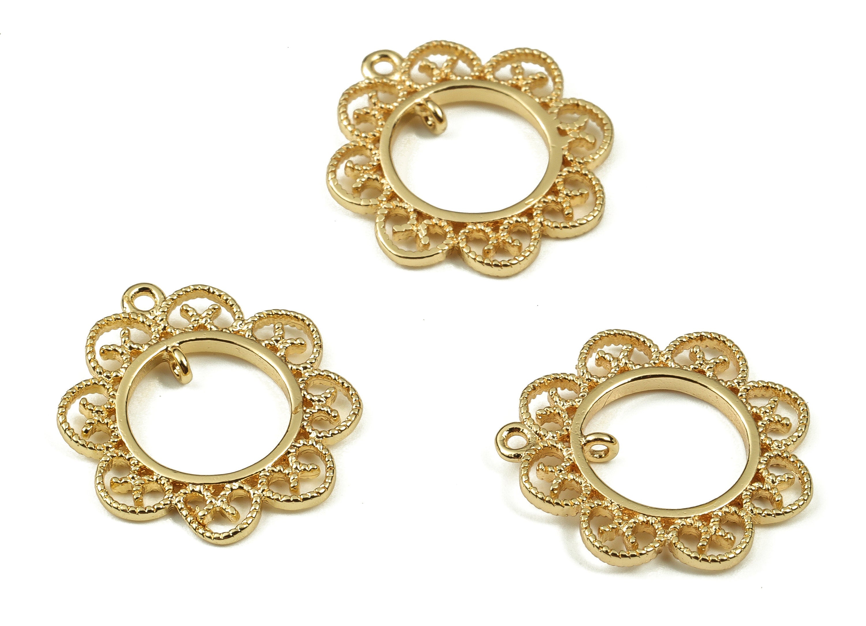Brass Round Earring Charms - Gold Flower Pendant - 18K Real Gold Plated Brass - Jewelry Making Supplies - 17.63x16.16x1.46mm - RGP3414 - DOMEDBAZAAR