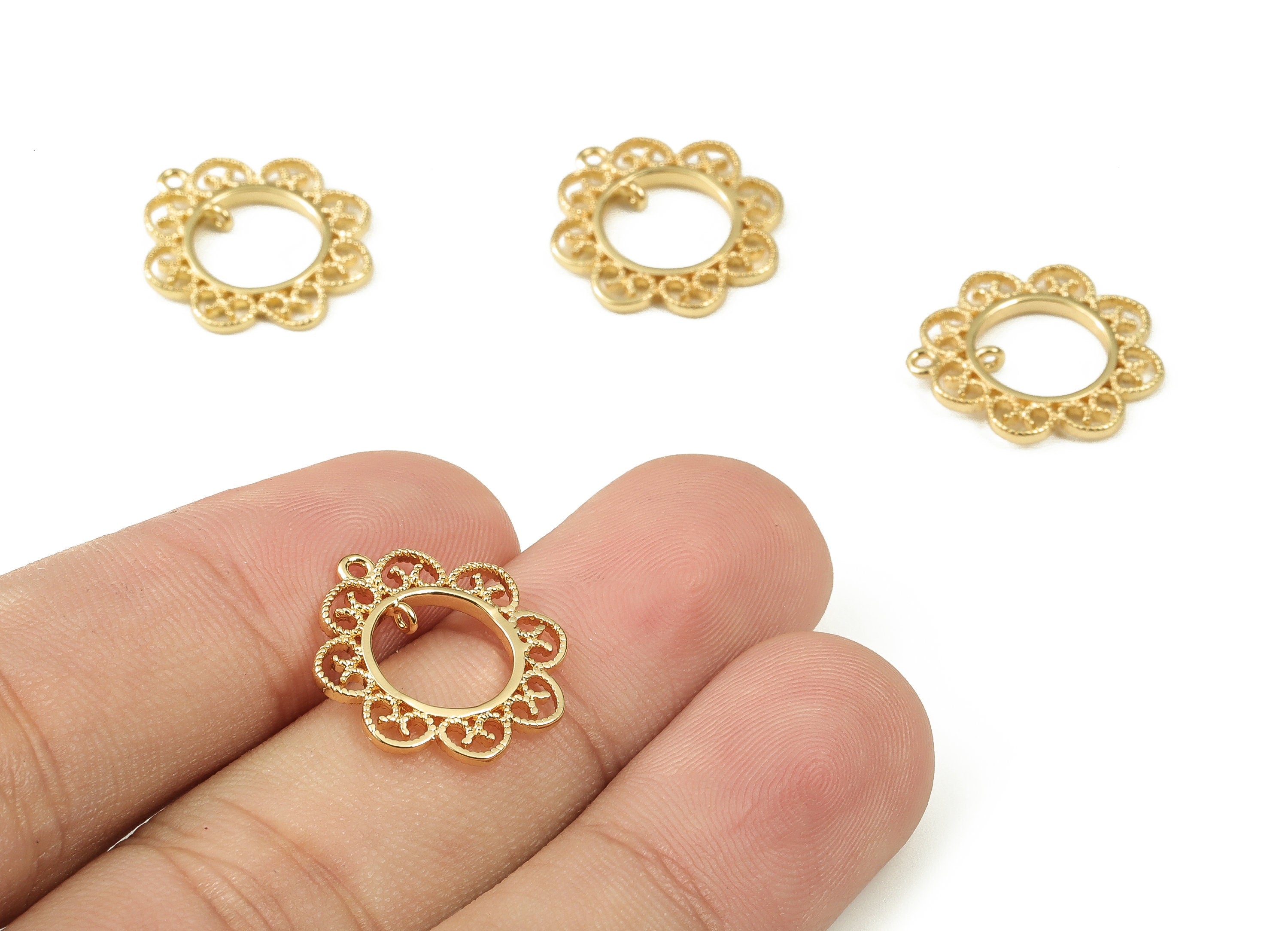 Brass Round Earring Charms - Gold Flower Pendant - 18K Real Gold Plated Brass - Jewelry Making Supplies - 17.63x16.16x1.46mm - RGP3414 - DOMEDBAZAAR