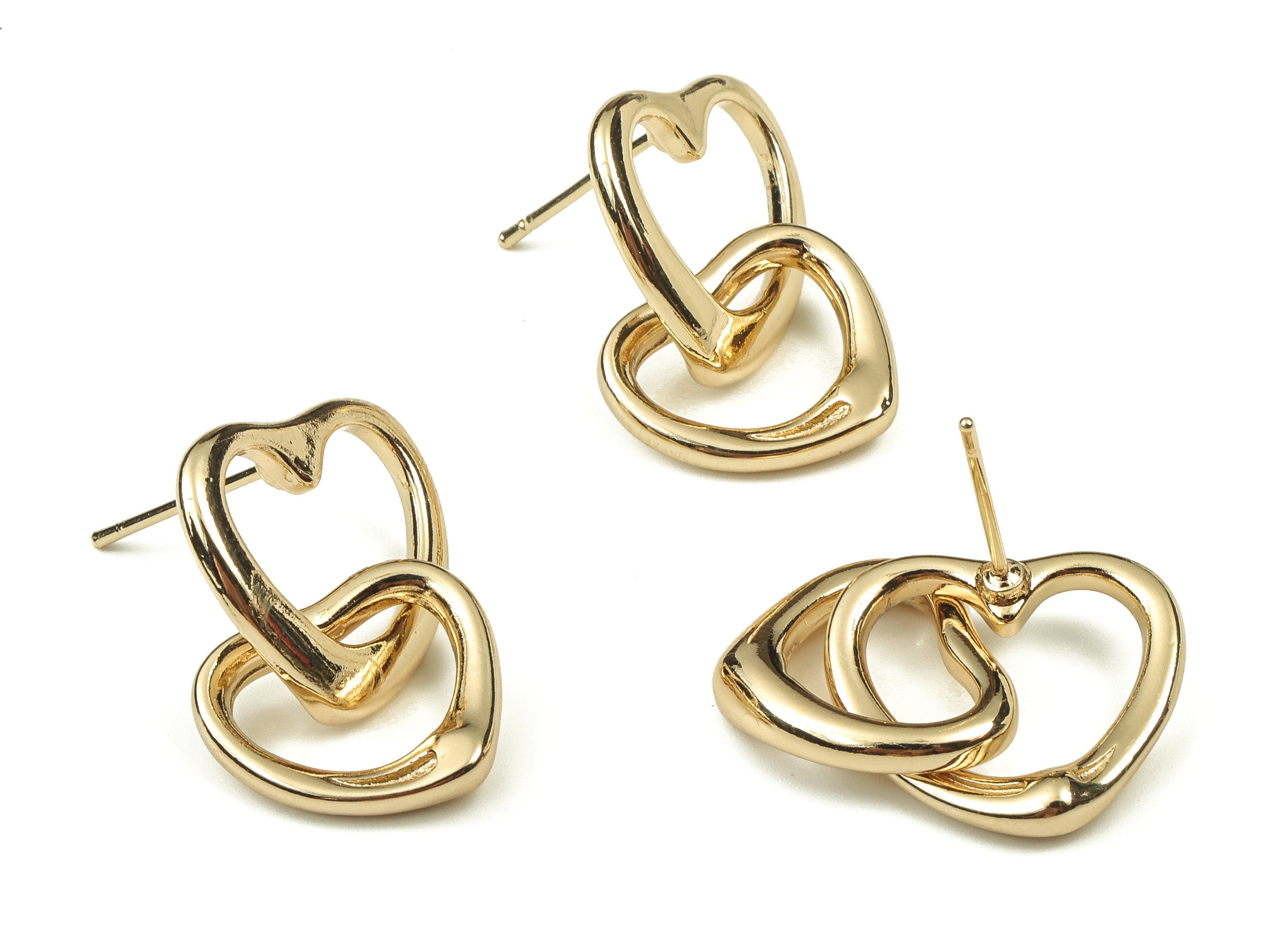Brass Heart Earring Post - Gold Heart Earring Stud - 18K Real Gold Plated Brass - Stainless Steel Stud - 23.45x17.18x1.75mm - RGP3836 - DOMEDBAZAAR