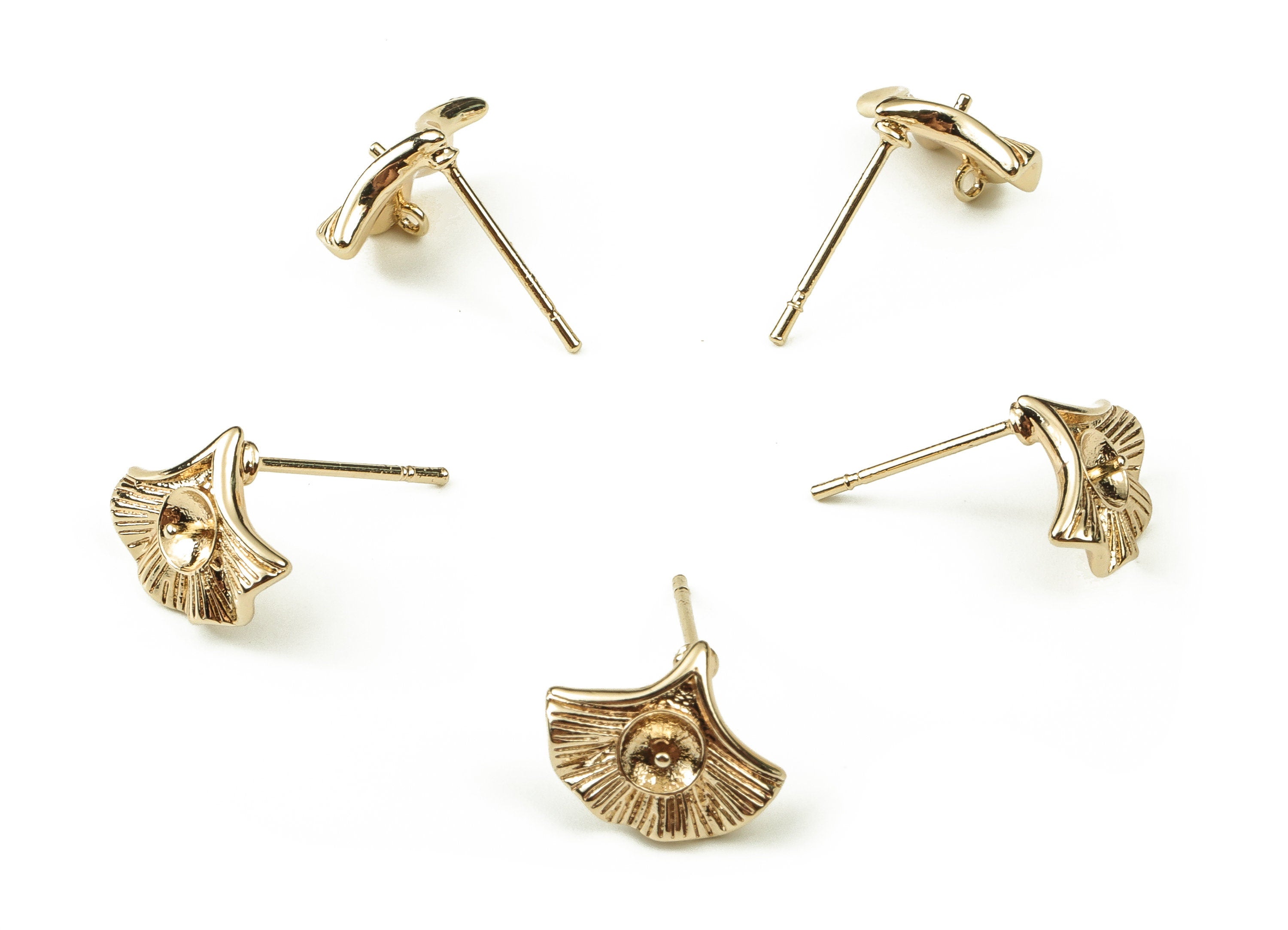 Brass Fan Earring Post - Gold Fan Earring Stud - 18K Real Gold Plated Brass - Stainless Steel Stud - 12.03x9.54x1.49mm - RGP3845 - DOMEDBAZAAR