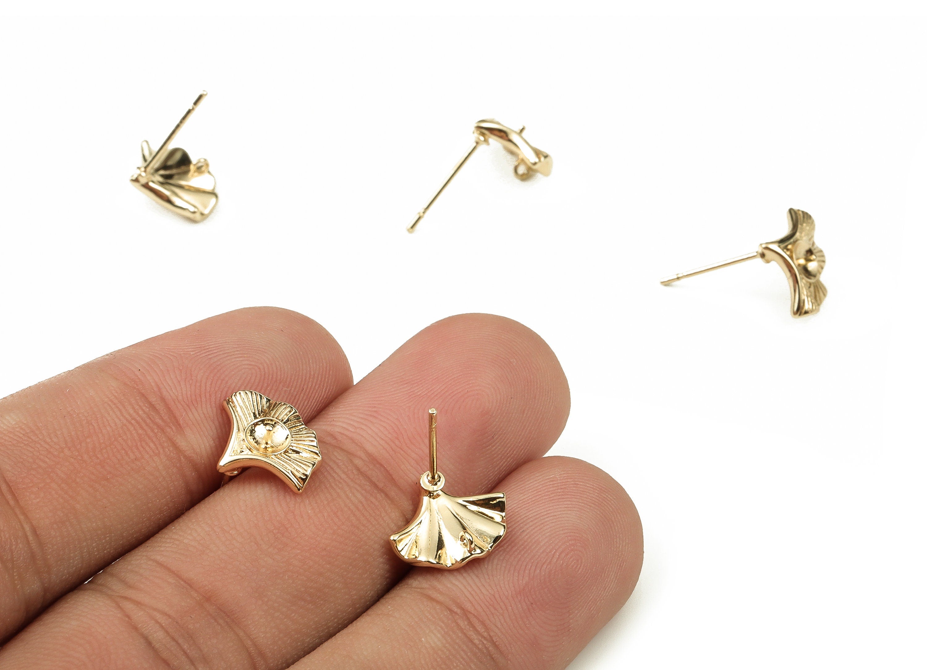 Brass Fan Earring Post - Gold Fan Earring Stud - 18K Real Gold Plated Brass - Stainless Steel Stud - 12.03x9.54x1.49mm - RGP3845 - DOMEDBAZAAR