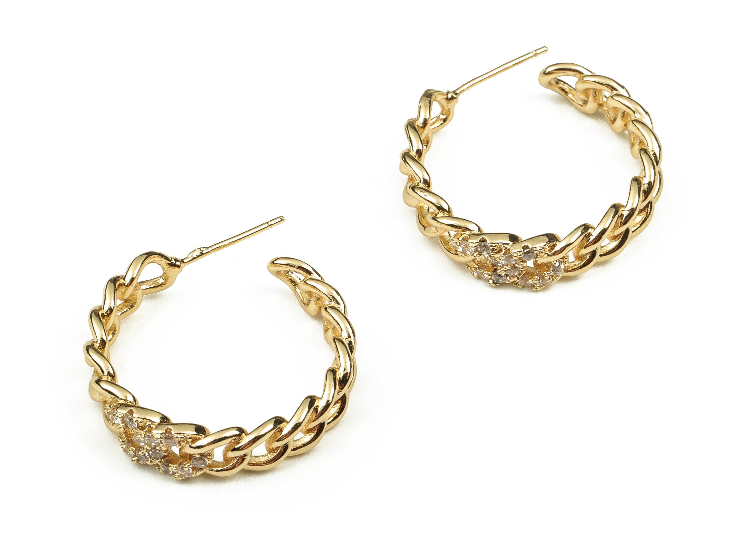 Brass Zircon C Shaped Earrings – Zircon Chain Hoop Earring – Stainless Steel Stud Earring – Jewelry Supplies – 25.82x25.07x2.38mm – RGP3404 - DOMEDBAZAAR
