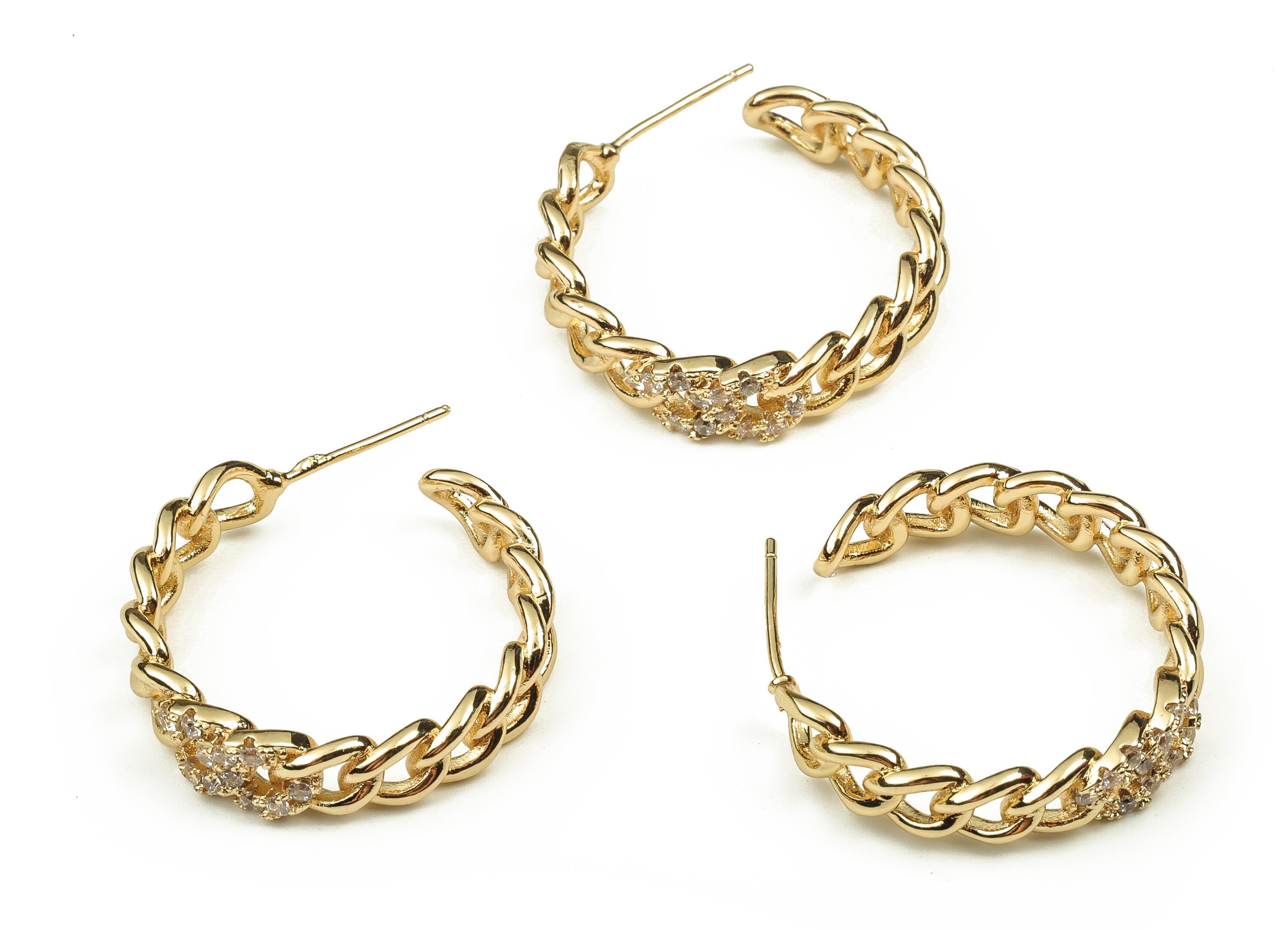Brass Zircon C Shaped Earrings – Zircon Chain Hoop Earring – Stainless Steel Stud Earring – Jewelry Supplies – 25.82x25.07x2.38mm – RGP3404 - DOMEDBAZAAR