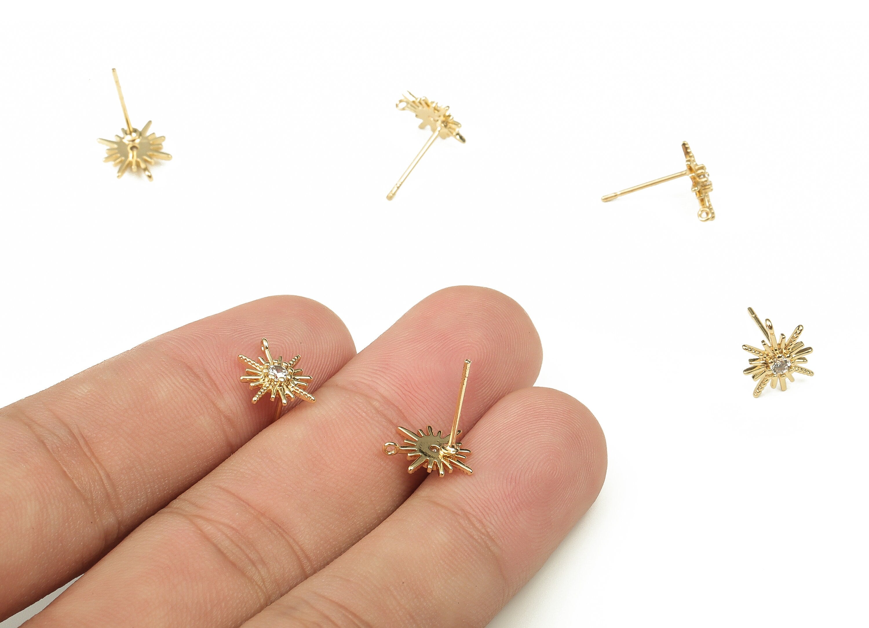 Brass Flower Earring Stud With Zircons - Gold Flower Post - Stainless Steel Stud - 18K Real Gold Plated Brass – 10.64x10.48x2.02mm - RGP3846 - DOMEDBAZAAR