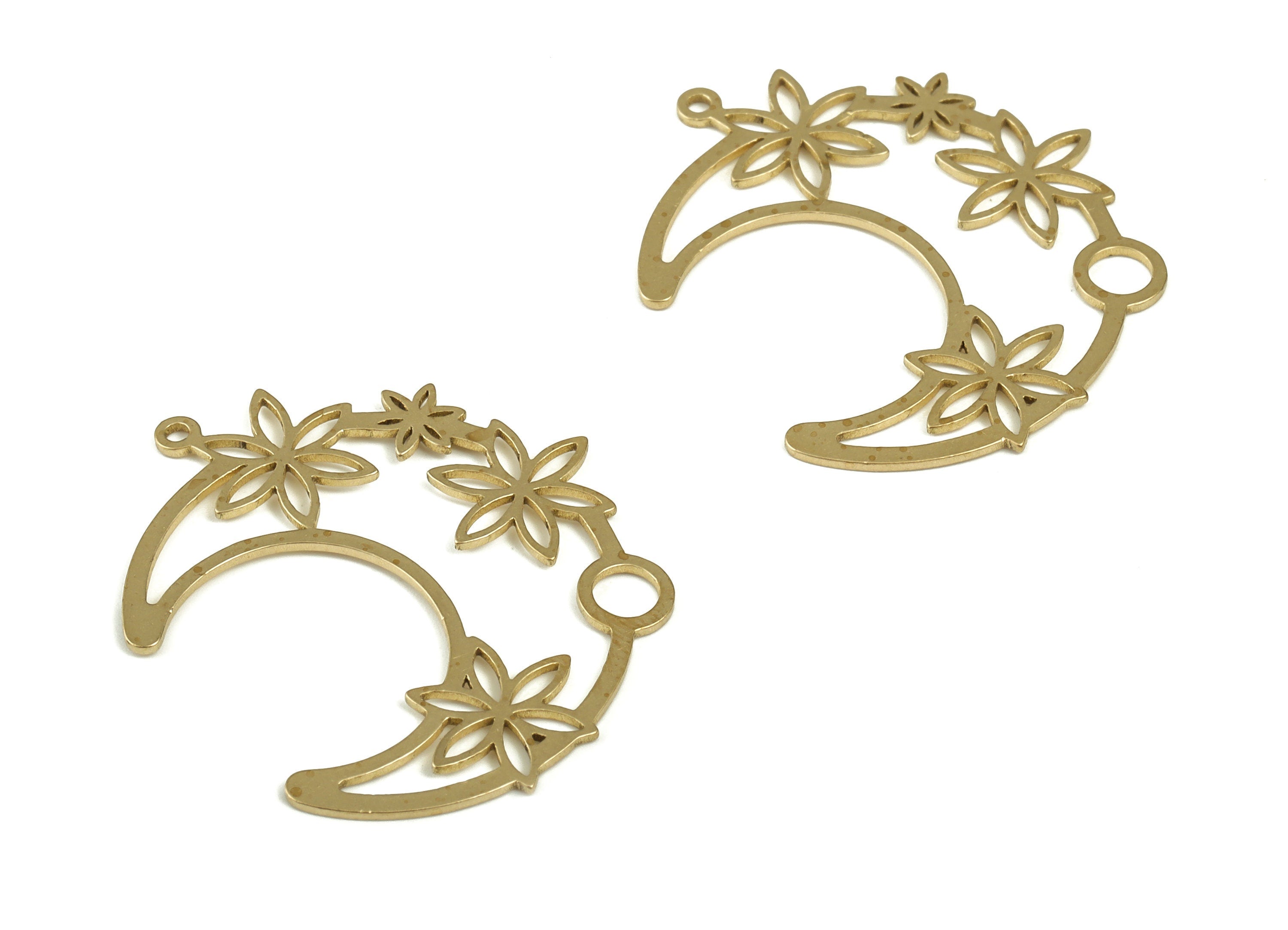 Brass Crescent Earring Charms - Raw Brass Flower Pendant - Earrings Finding - Jewelry Making Supplies - 31.65x27.4x0.71mm - PP4231 - DOMEDBAZAAR