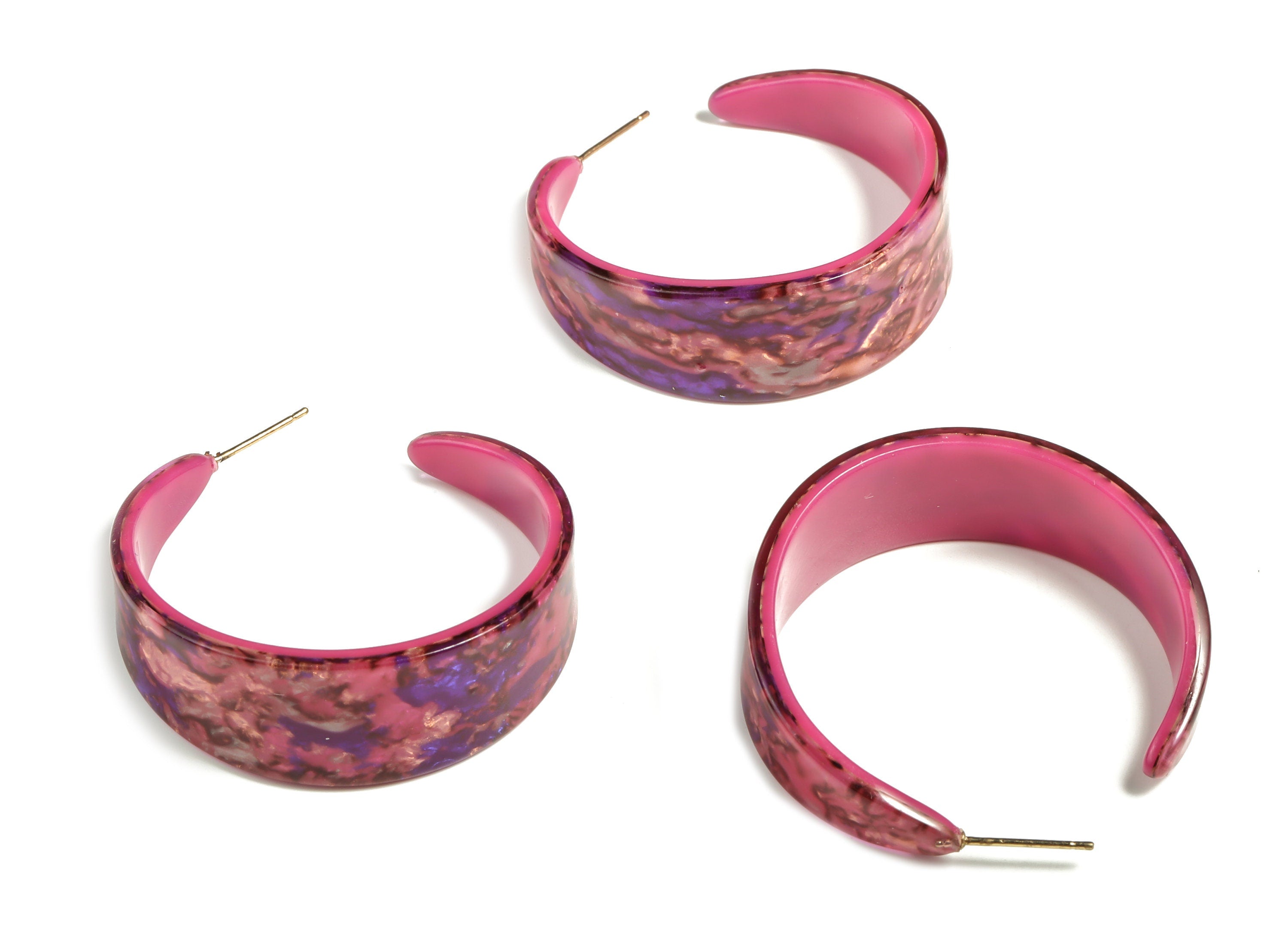 Open Hoop Earrings Stud - Acetate Round Earring Post - Gold Tone Plated Stud - Color Code: A651 - 41.28x14.09x2.83mm - AC2295-A651G - DOMEDBAZAAR