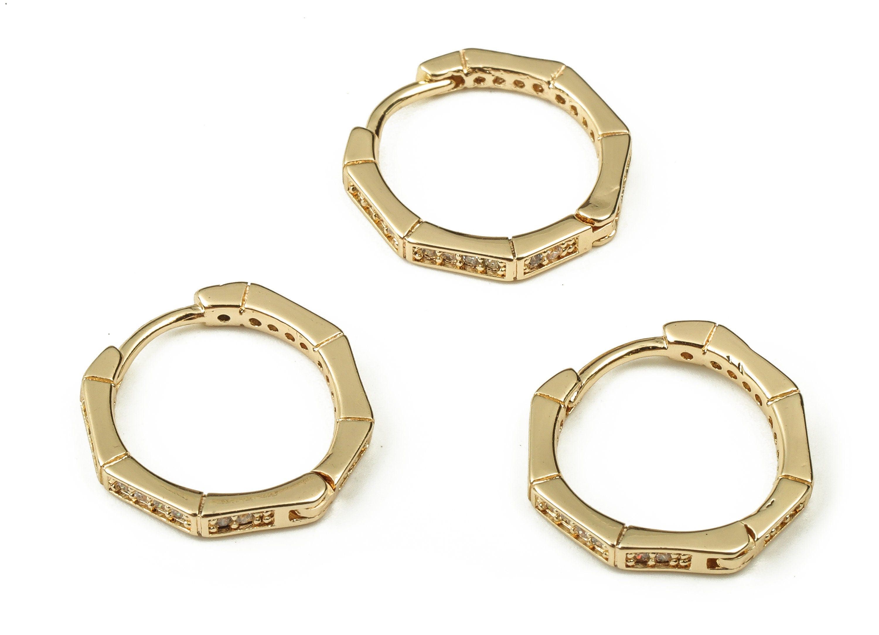 Octagon Hoop Earrings - Brass Zircon Huggie Hoop Earrings – Dainty Octagon Earrings - Jewelry Making Supplies - 15.24x14.43x1.65mm - RGP3762 - DOMEDBAZAAR