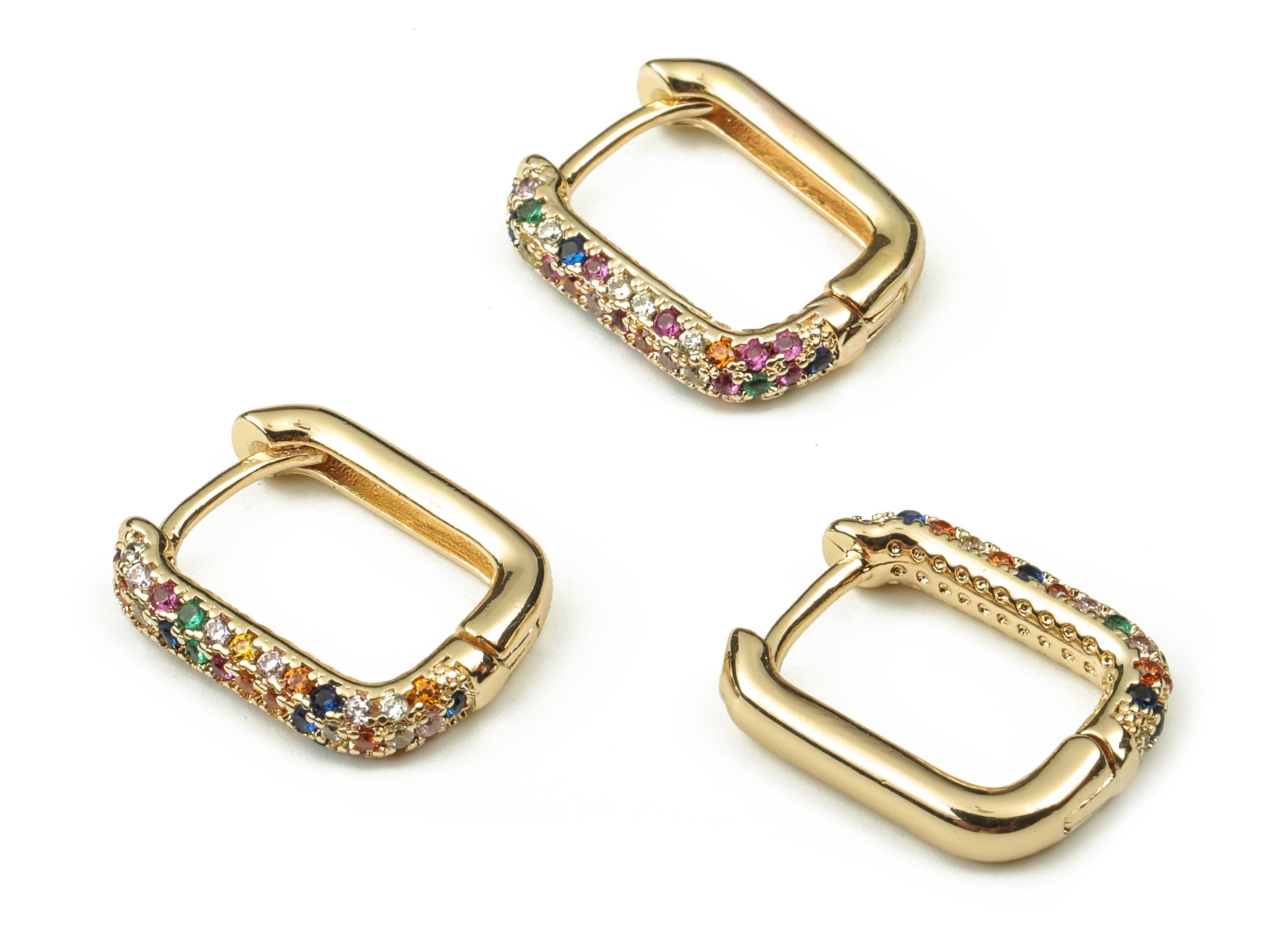 Brass Square Hoop Earrings - Huggie Hoop Earrings with Multicolored Zircons - Dainty Hoop Earring - Gold Plated -14.07x11.06x2.68mm- RGP3751 - DOMEDBAZAAR
